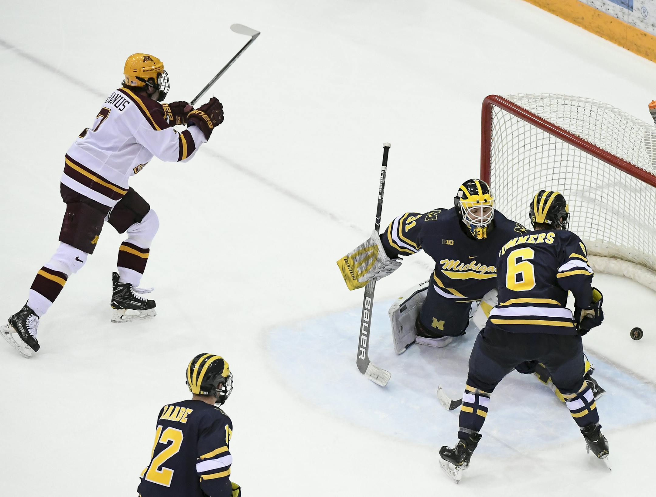 Minnesota Golden Gophers forward Brannon McManus (7) scored the game-winner in overtime against Michigan Wolverines goaltender Strauss Mann (31). ] Aaron Lavinsky &#xa5; aaron.lavinsky@startribune.com The University of Minnesota Golden Gophers played the Michigan Wolverines on Friday, March 8, 2019 at the 3M Arena at Mariucci in Minneapolis, Minn.