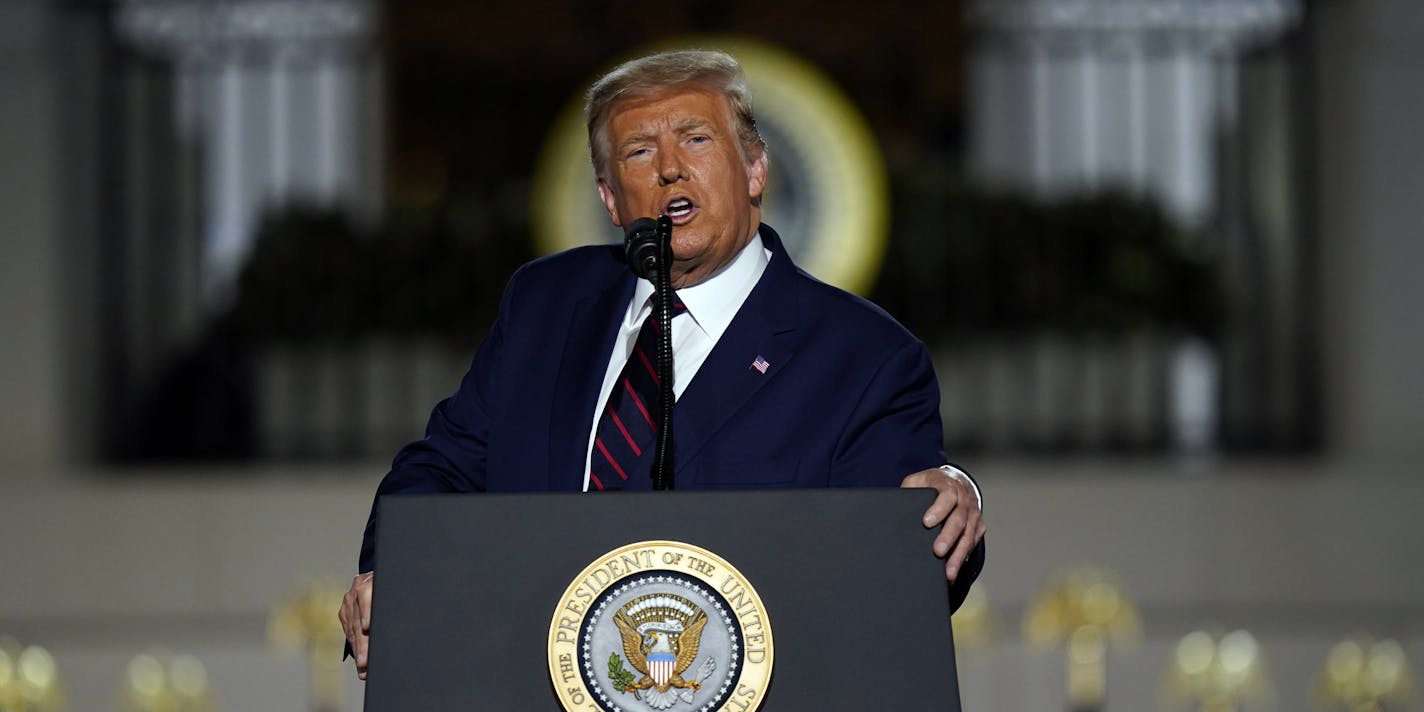 President Donald Trump speaks from the South Lawn of the White House on the fourth day of the Republican National Convention, Thursday, Aug. 27, 2020, in Washington. (AP Photo/Evan Vucci)