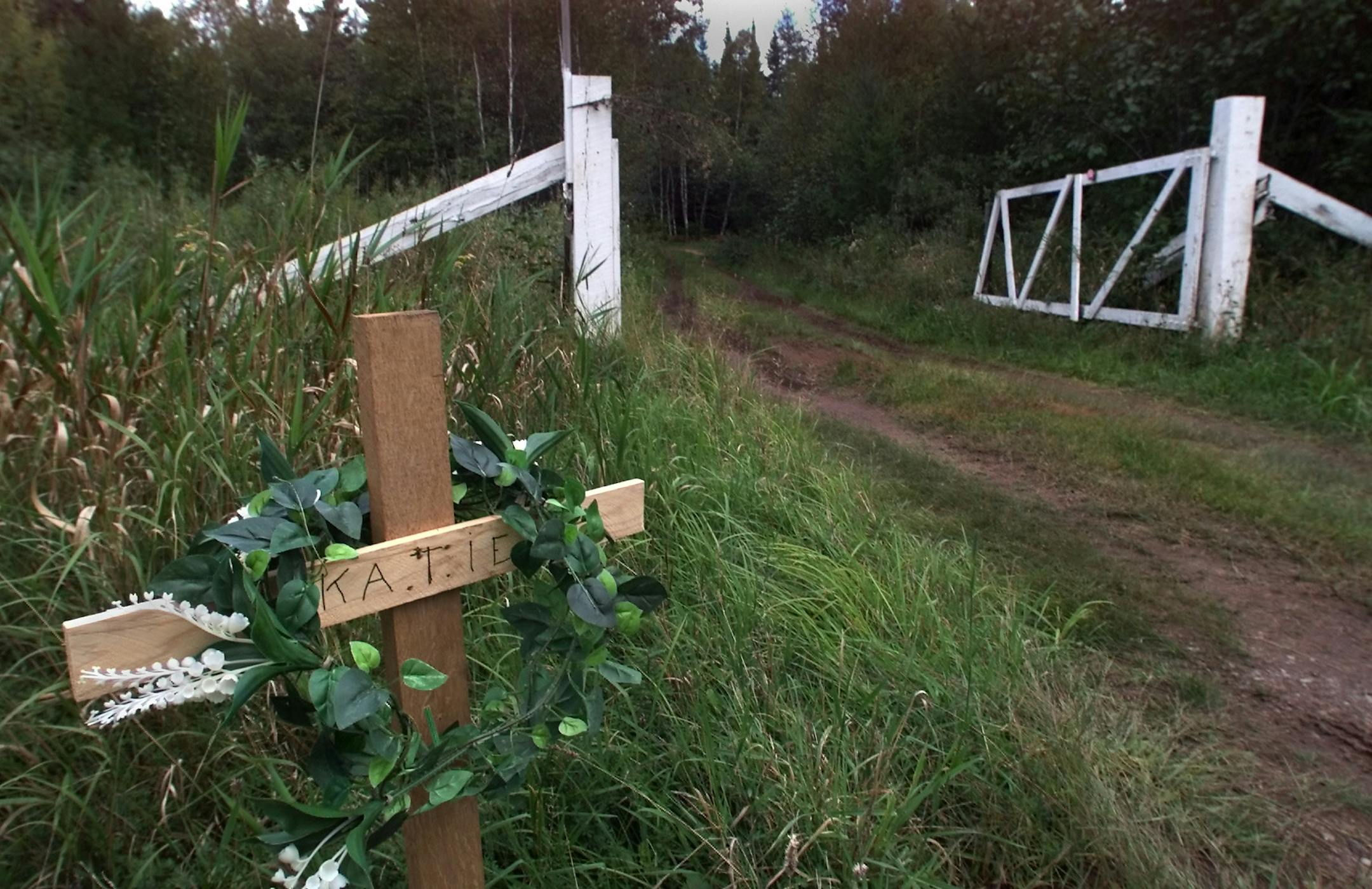 A small memorial to Katie Poirier was placed at the entrance to Donald Blom's rural Moose Lake home.