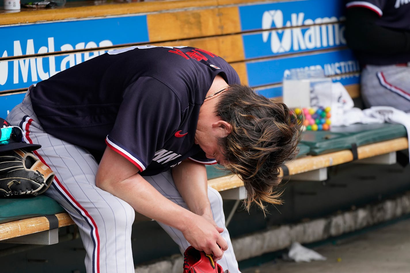 Minnesota Twins starting pitcher Kenta Maeda reflects after giving up a home run to Detroit Tigers' Riley Greene in the sixth inning of a baseball game, Thursday, Aug. 10, 2023, in Detroit. (AP Photo/Carlos Osorio)