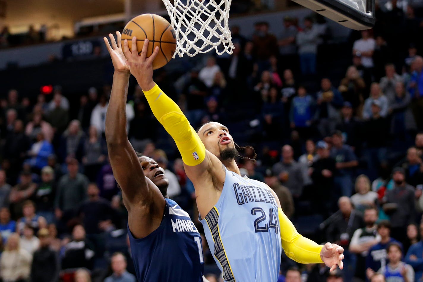 Timberwolves guard Anthony Edwards scored 29 points but also chipped in on the other end of the court, like this play on Dillon Brooks.