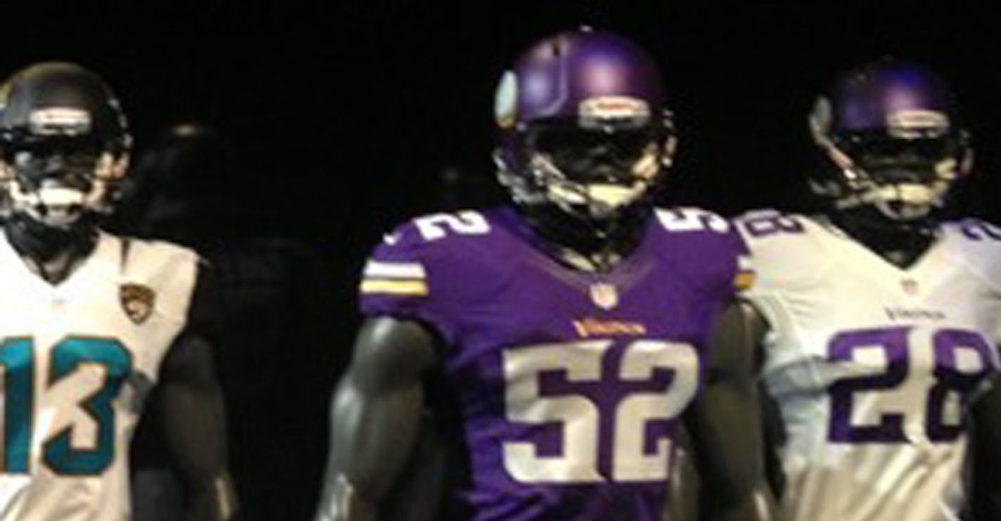 The Vikings&#x2019; new uniforms forthe 2013 season were on display&#x2014; prematurely &#x2014; in a slide show on WTEV&#x2019;s website in Jacksonville, Fla. The Jaguars&#x2019; uniforms also were featured.