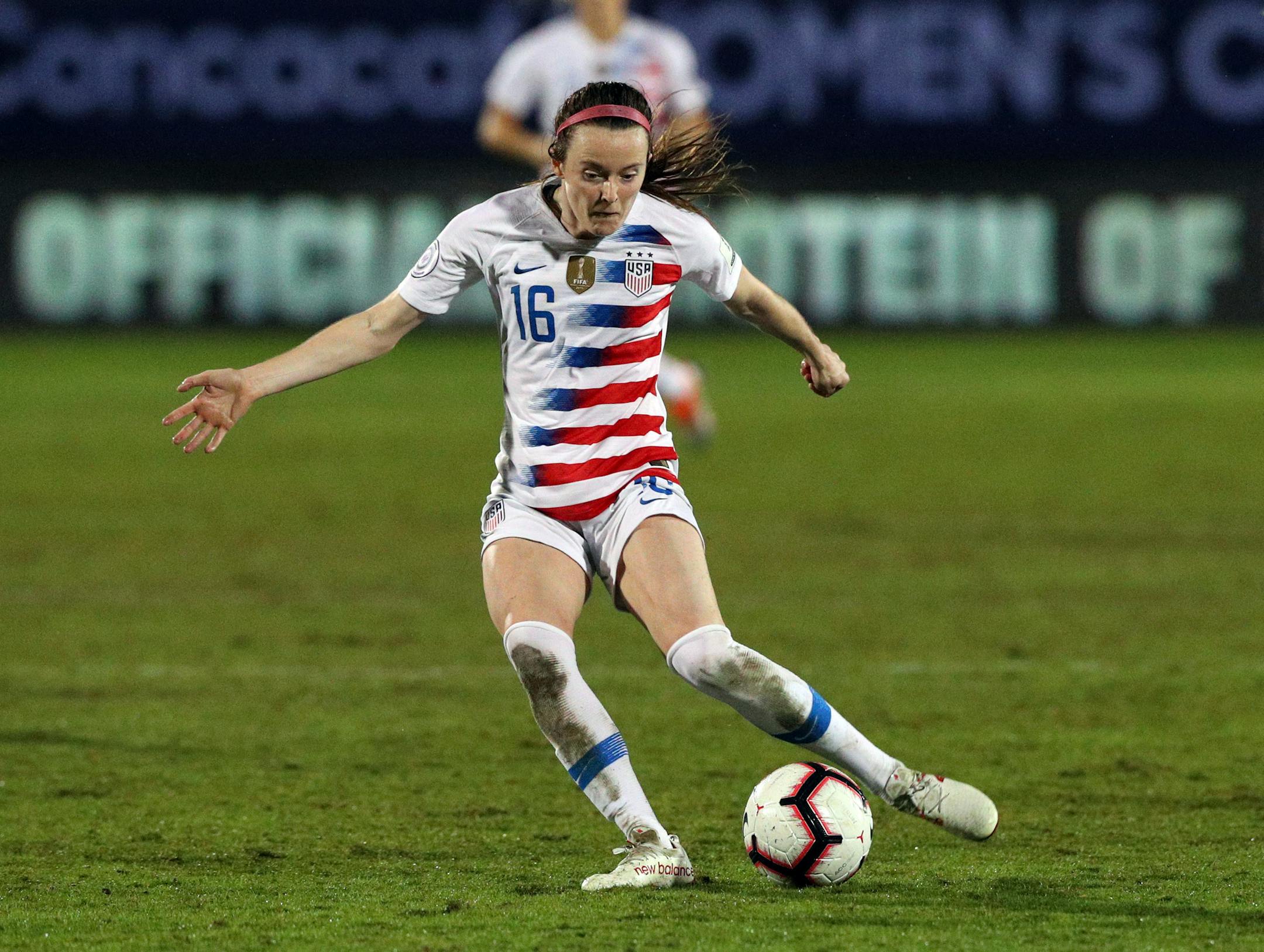USA midfielder Rose Lavelle takes a shot on goal in the first half of the finals of the CONCACAF Women's soccer Championship on Wednesday