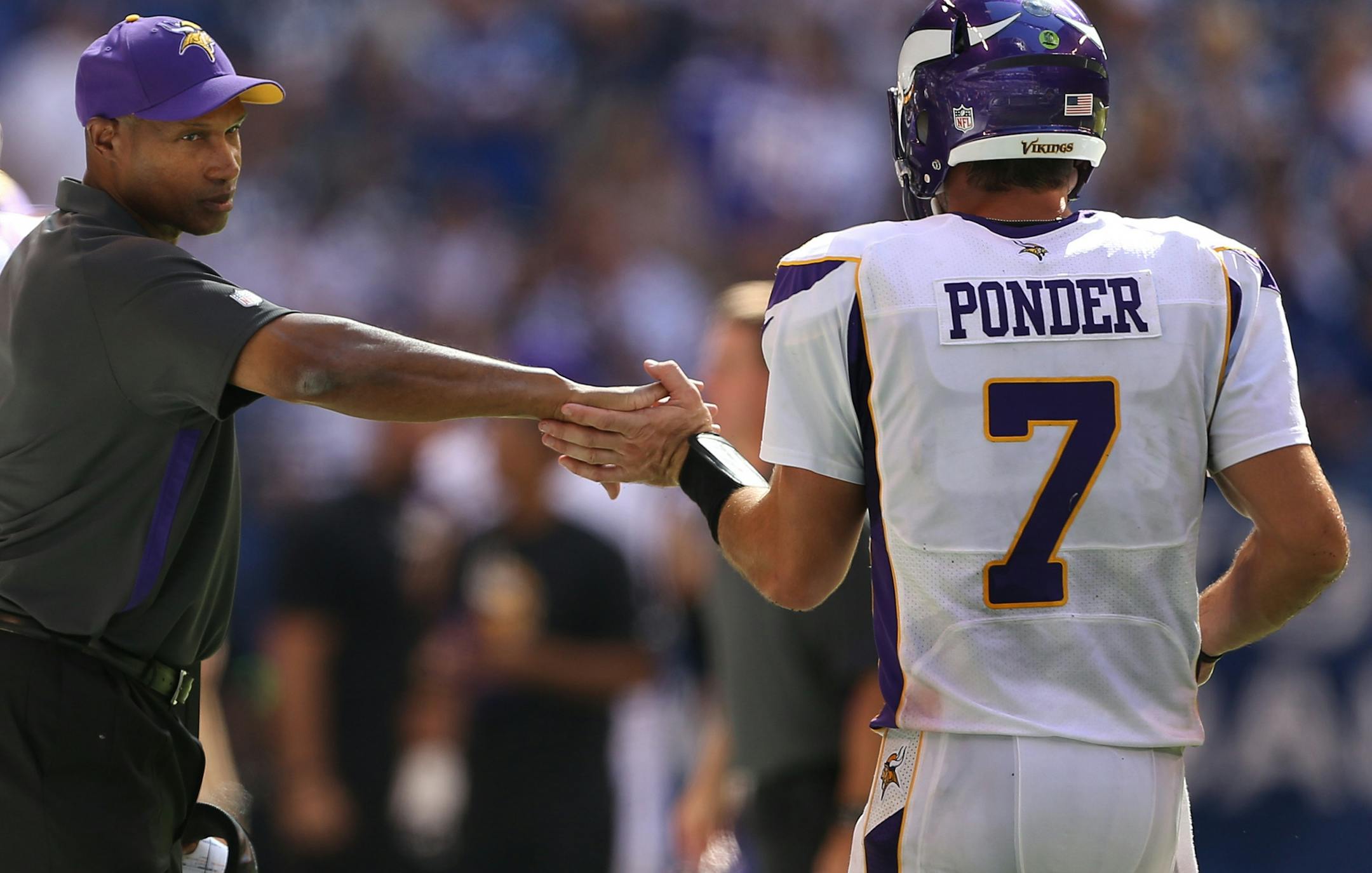 Christian Ponder and Leslie Frazier in Indianapolis earlier this season.