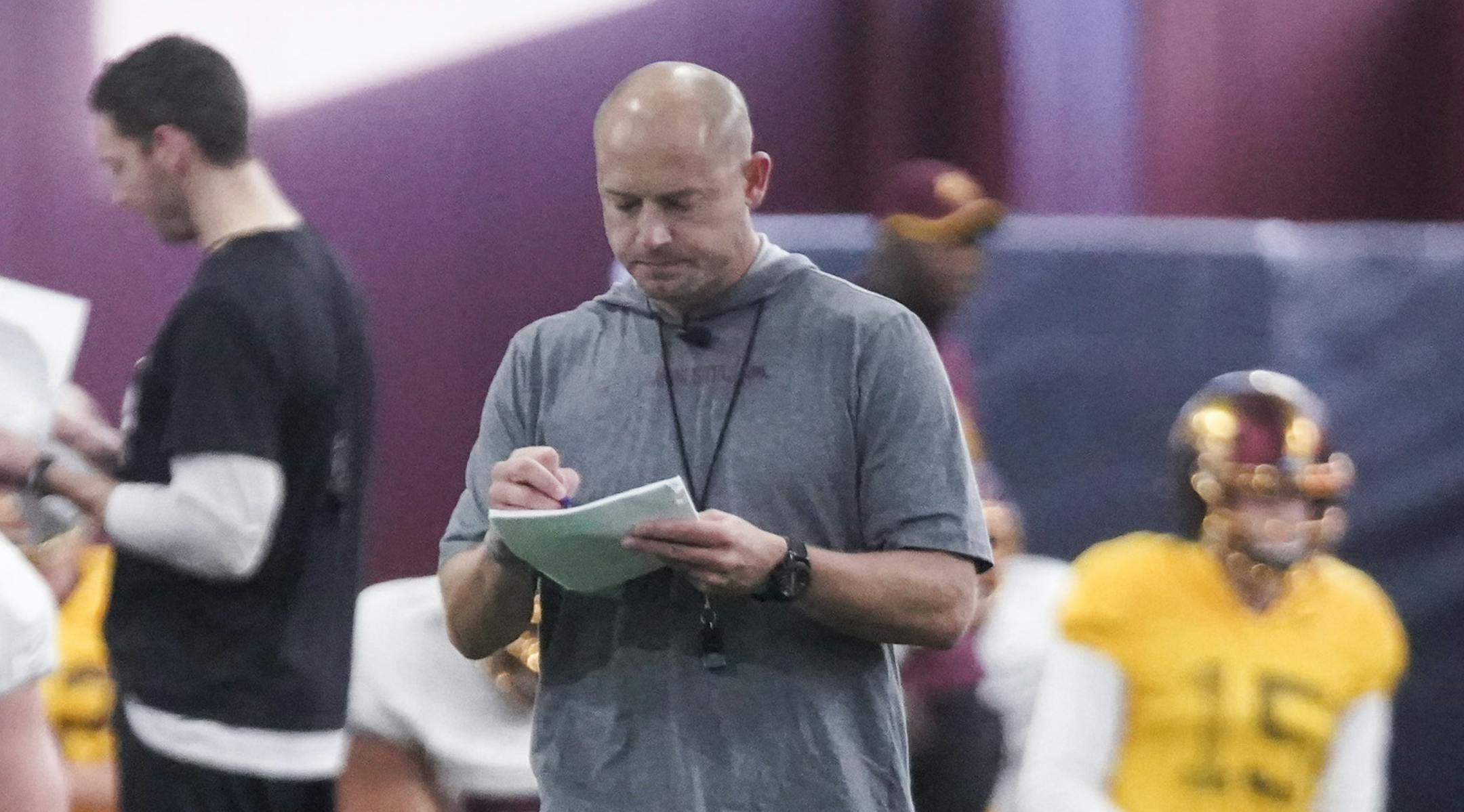 Head coach P.J. Fleck during the first open Gopher football practice at the University of Minnesota in Minneapolis, Minn., on Friday, March 6, 2020. ] RENEE JONES SCHNEIDER • renee.jones@startribune.com