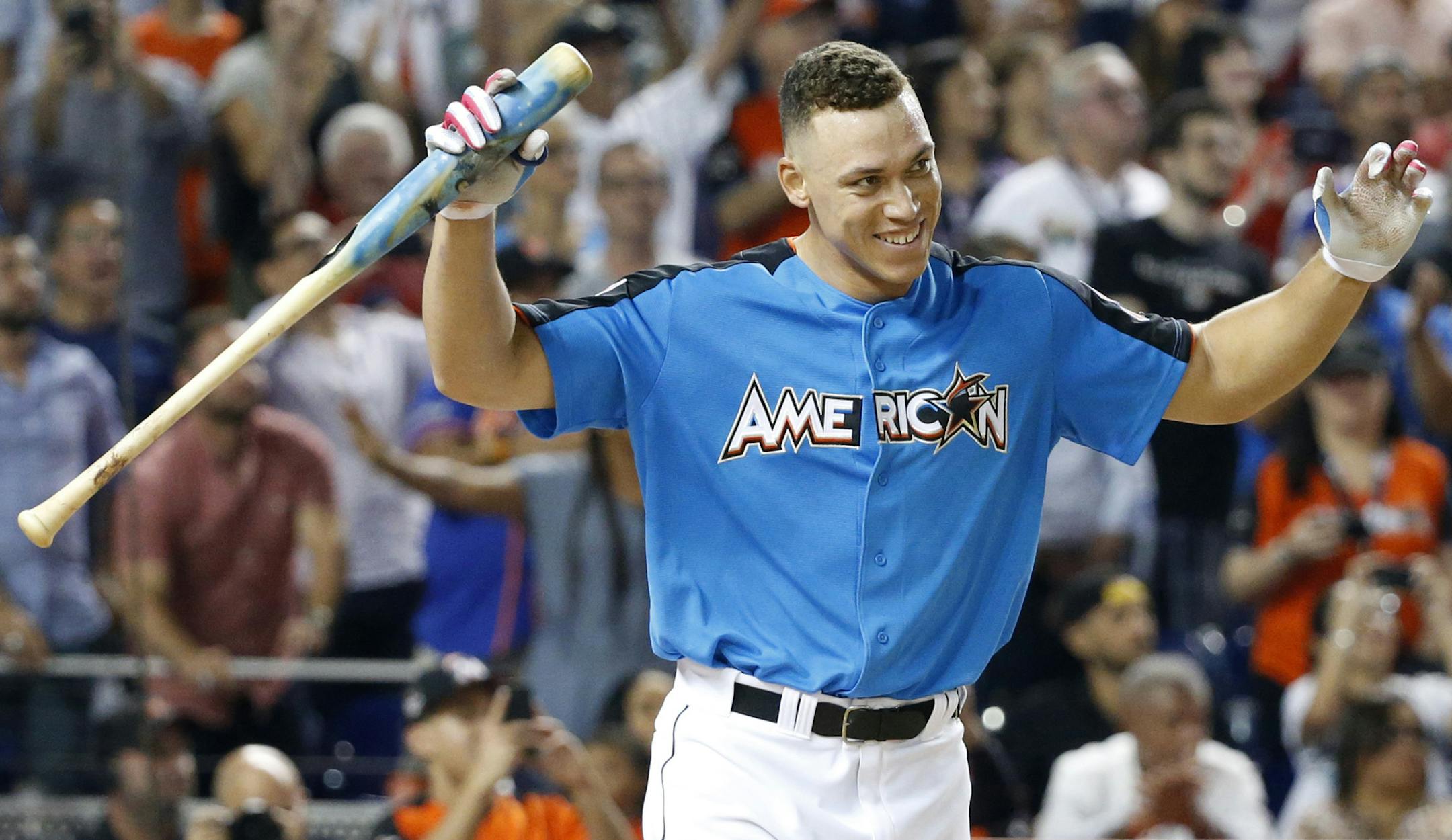 New York Yankees' Aaron Judge smiles after his last at bat after winning the MLB baseball All-Star Home Run Derby, Monday, July 10, 2017, in Miami. (AP Photo/Wilfredo Lee)