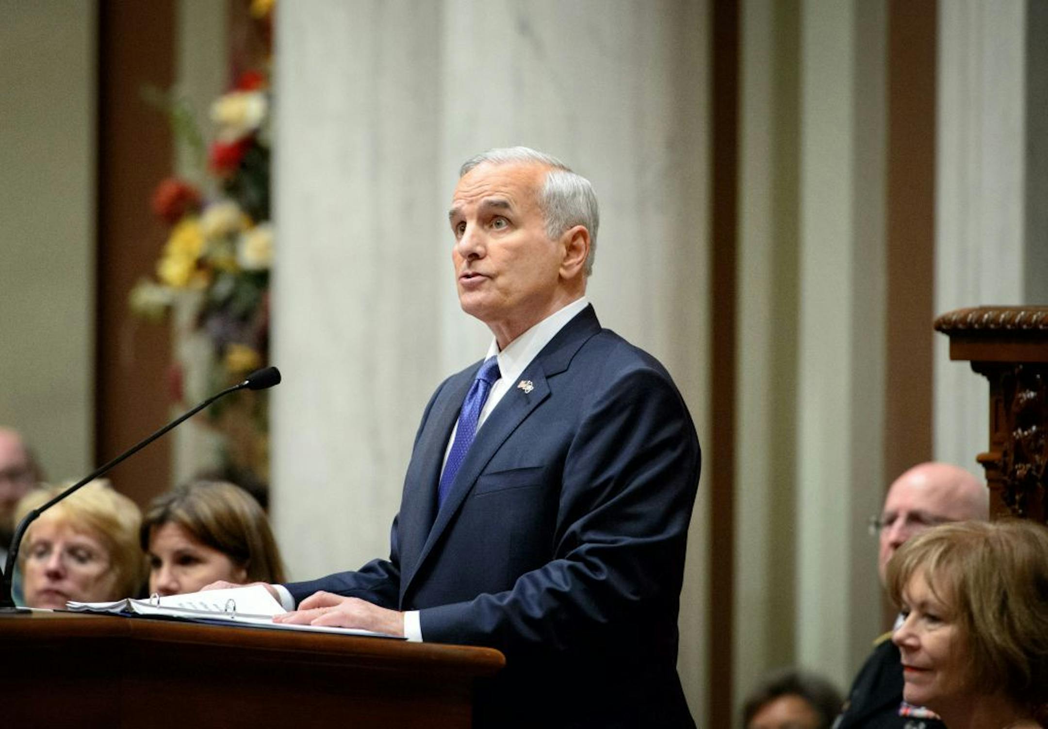 Governor Mark Dayton received warm applause in the House Chamber as he delivered his 2015 State of the State address at the Minnesota State Capitol, St. Paul.