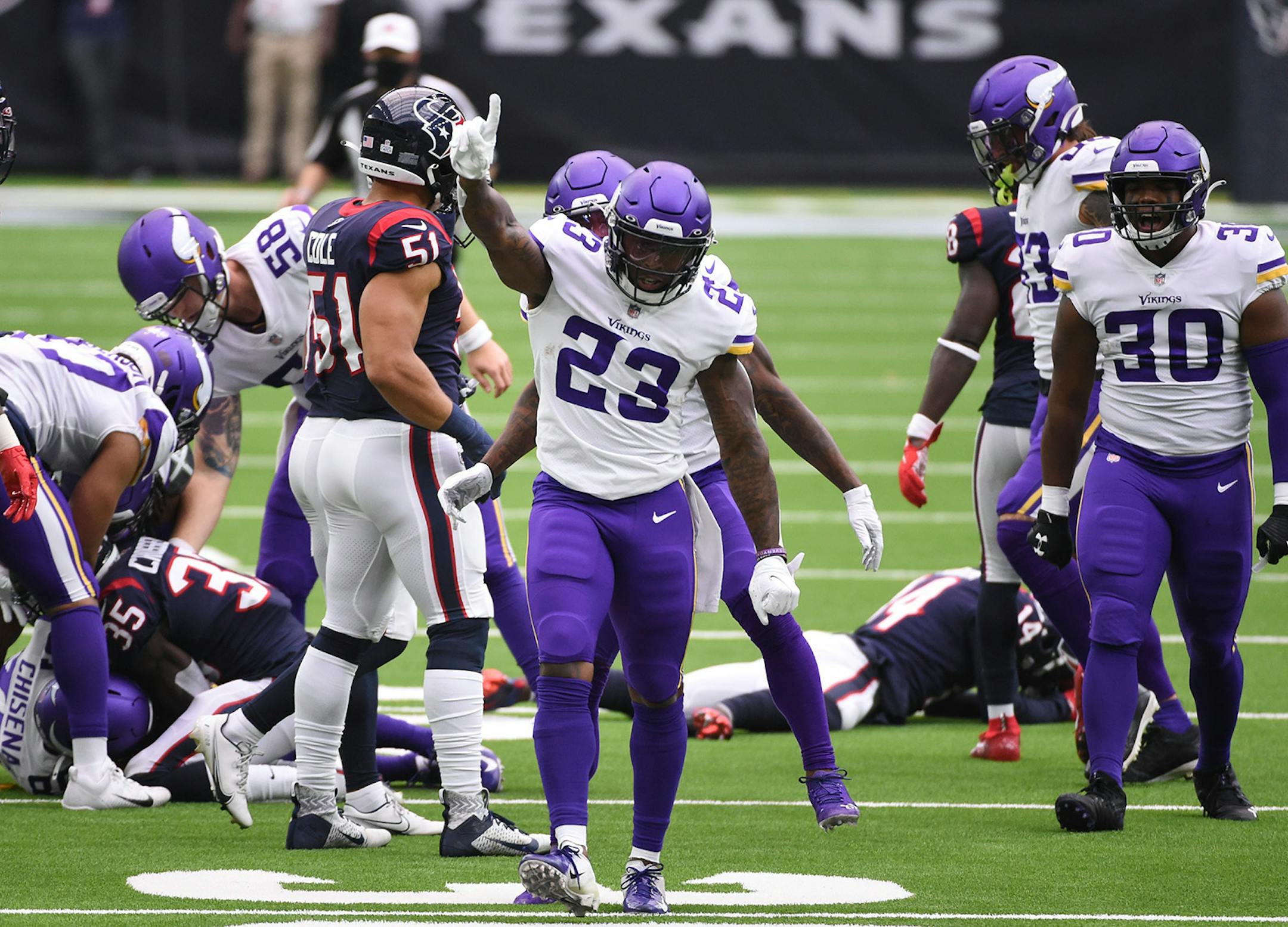 Minnesota Vikings running back Mike Boone (23) celebrates a fumble recovery during the first half of an NFL football game against the Houston Texans, Sunday, Oct. 4, 2020, in Houston. (AP Photo/Eric Christian Smith)