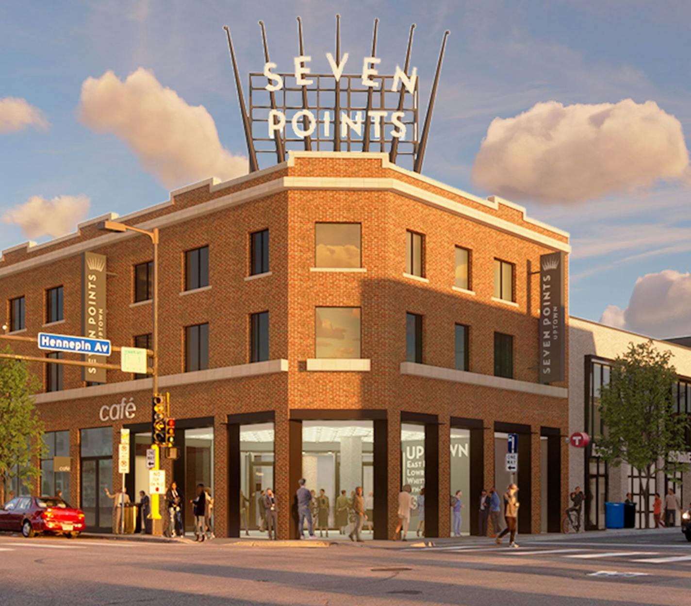 Calhoun Square is being renamed Seven Points. This provided rendering shows the new logo on the familiar rooftop sign and a reopened entrance at Lake and Hennepin.