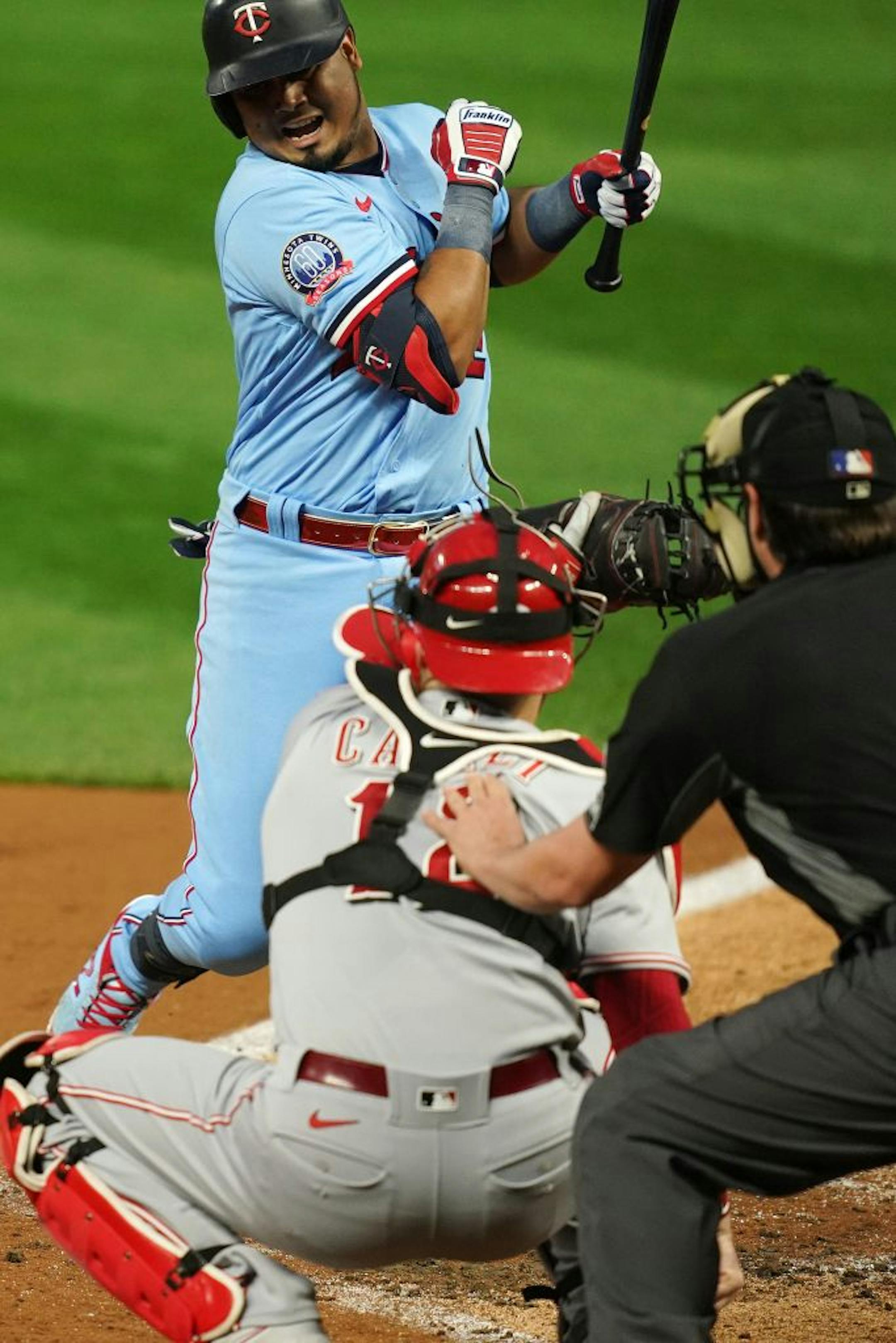 Minnesota Twins second baseman Luis Arráez (2) moved out of the way of an inside pitch in the first inning.