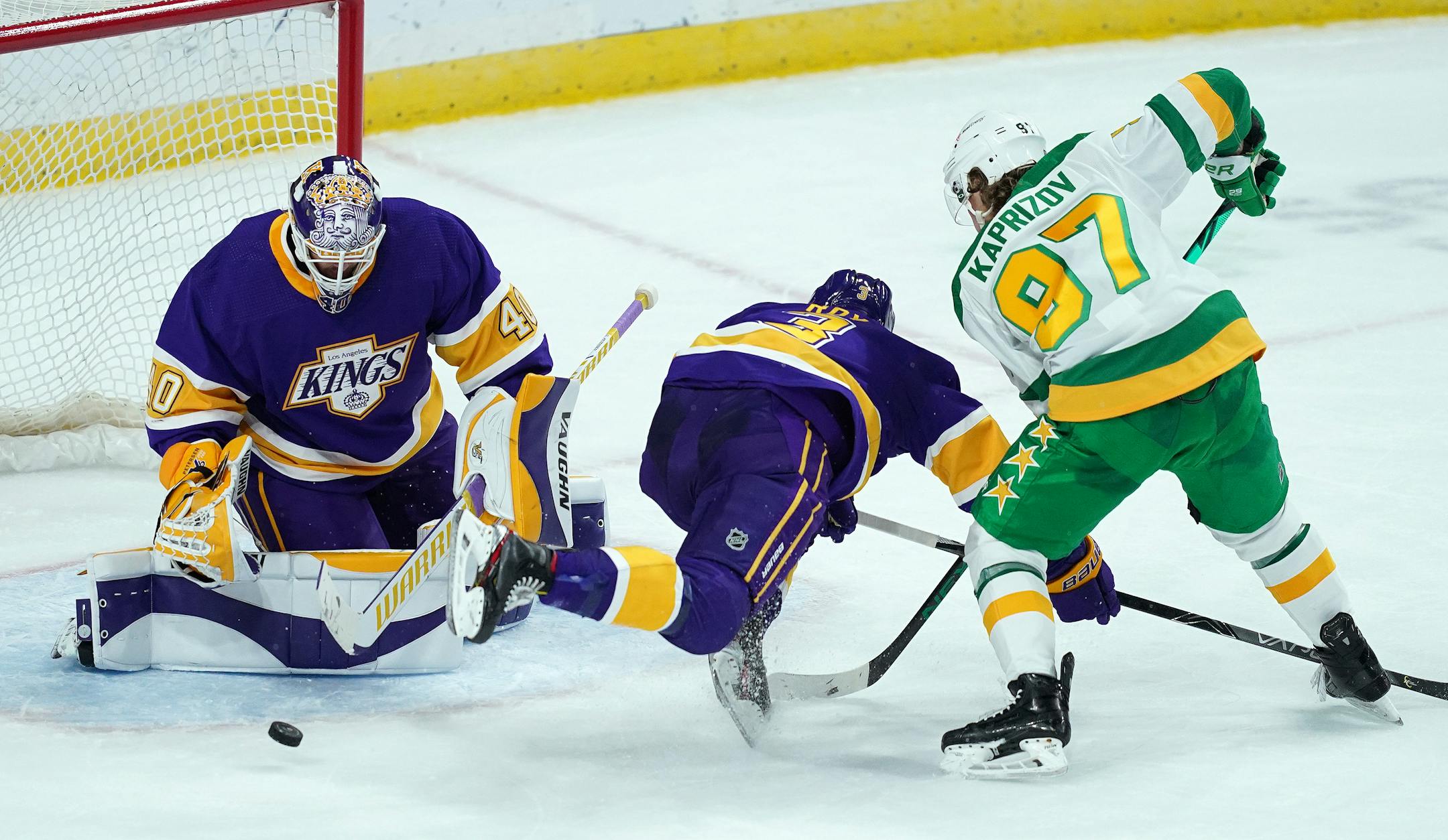 Los Angeles Kings defenseman Matt Roy (3) dove in front of Minnesota Wild left wing Kirill Kaprizov (97) as he looked to take a shot on Los Angeles Kings goaltender Calvin Petersen (40) in the third period. ] ANTHONY SOUFFLE • anthony.souffle@startribune.com