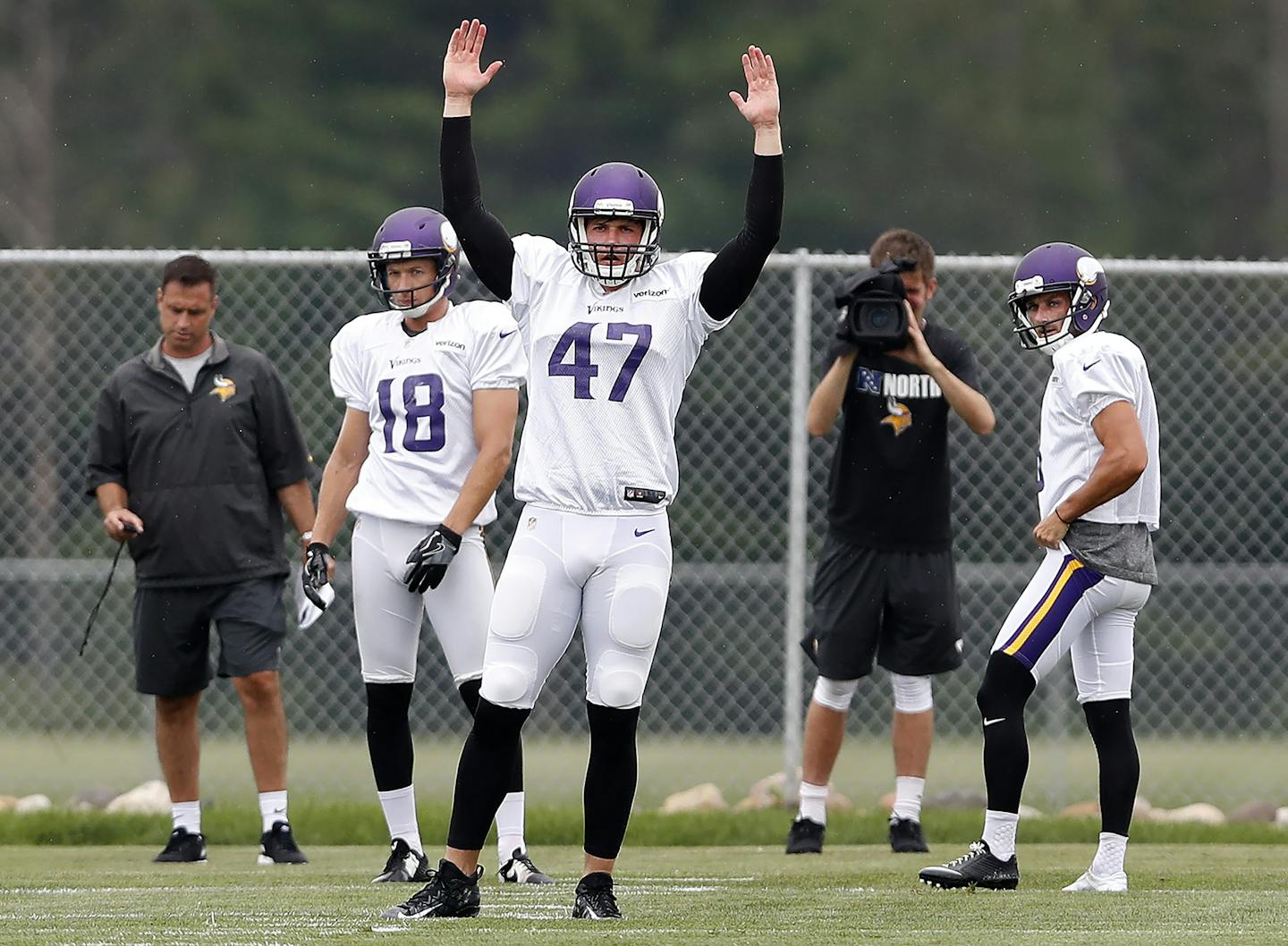 Vikings Jeff Locke (18) Kevin McDermott (47) and Blair Walsh (3) watched a Walsh kick go through the uprights during the afternoon practice. ] CARLOS GONZALEZ cgonzalez@startribune.com - August 1, 2016, Mankato, MN, Minnesota State University, Mankato, Minnesota Vikings Training Camp