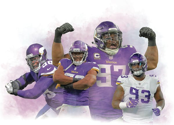 The Vikings' defensive line of (from left) Linval Joseph, Danielle Hunter, Everson Griffen and Sheldon Richardson will be counted on to contain Seattl