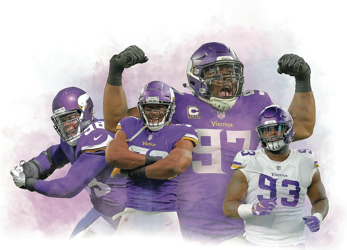 The Vikings' defensive line of (from left) Linval Joseph, Danielle Hunter, Everson Griffen and Sheldon Richardson will be counted on to contain Seattle's NFL-best ground game, led by Chris Carson.