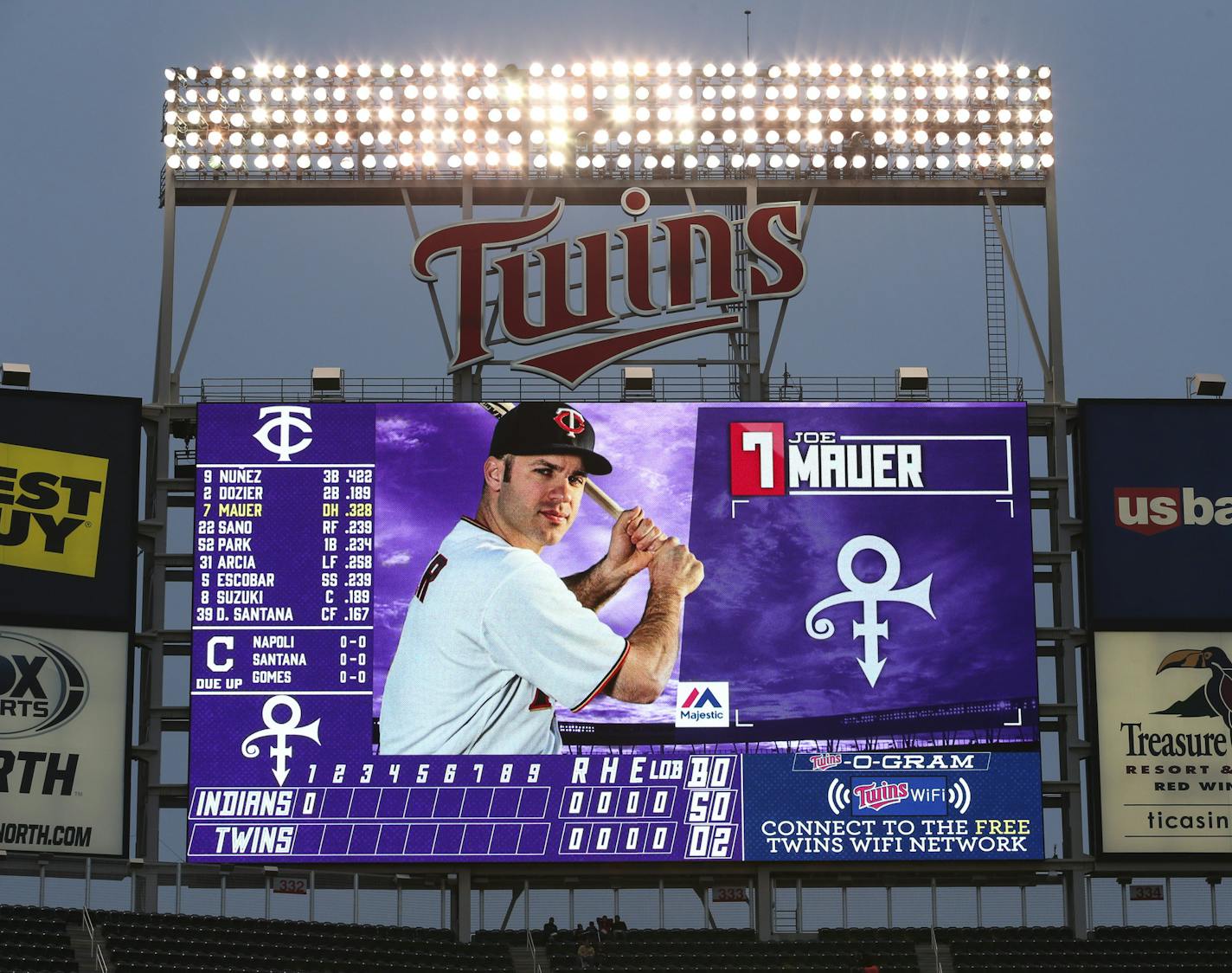 The scoreboard stats were presented with a purple background as the Twins honored Prince Monday night. ] JEFF WHEELER &#xef; jeff.wheeler@startribune.com The Minnesota Twins faced the Cleveland Indians Monday night, April 25, 2016 at Target Field in Minneapolis.