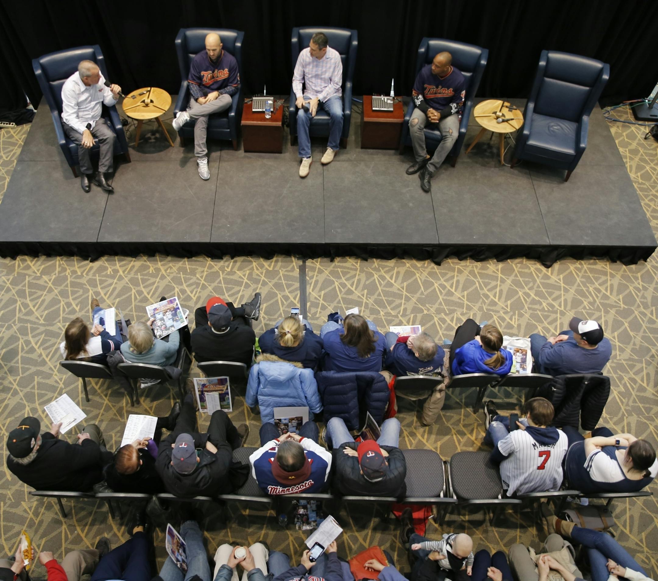 Fox Sports North Twins announcer Dick Bremer (from left) led a round table discussion with pitcher Blake Parker, Twins general manager Thad Levine and infielder Jonathan Schoop at TwinsFest.