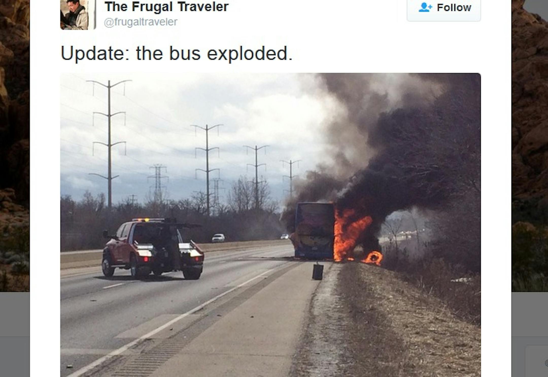 The New York Times' Frugal Traveler columnist was on the bus and tweeted as the bus went up in flames.