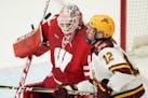 Minnesota Golden Gophers forward Grace Zumwinkle (12) tracked the puck in front of Wisconsin Badgers goaltender Kristen Campbell (35) in the third per