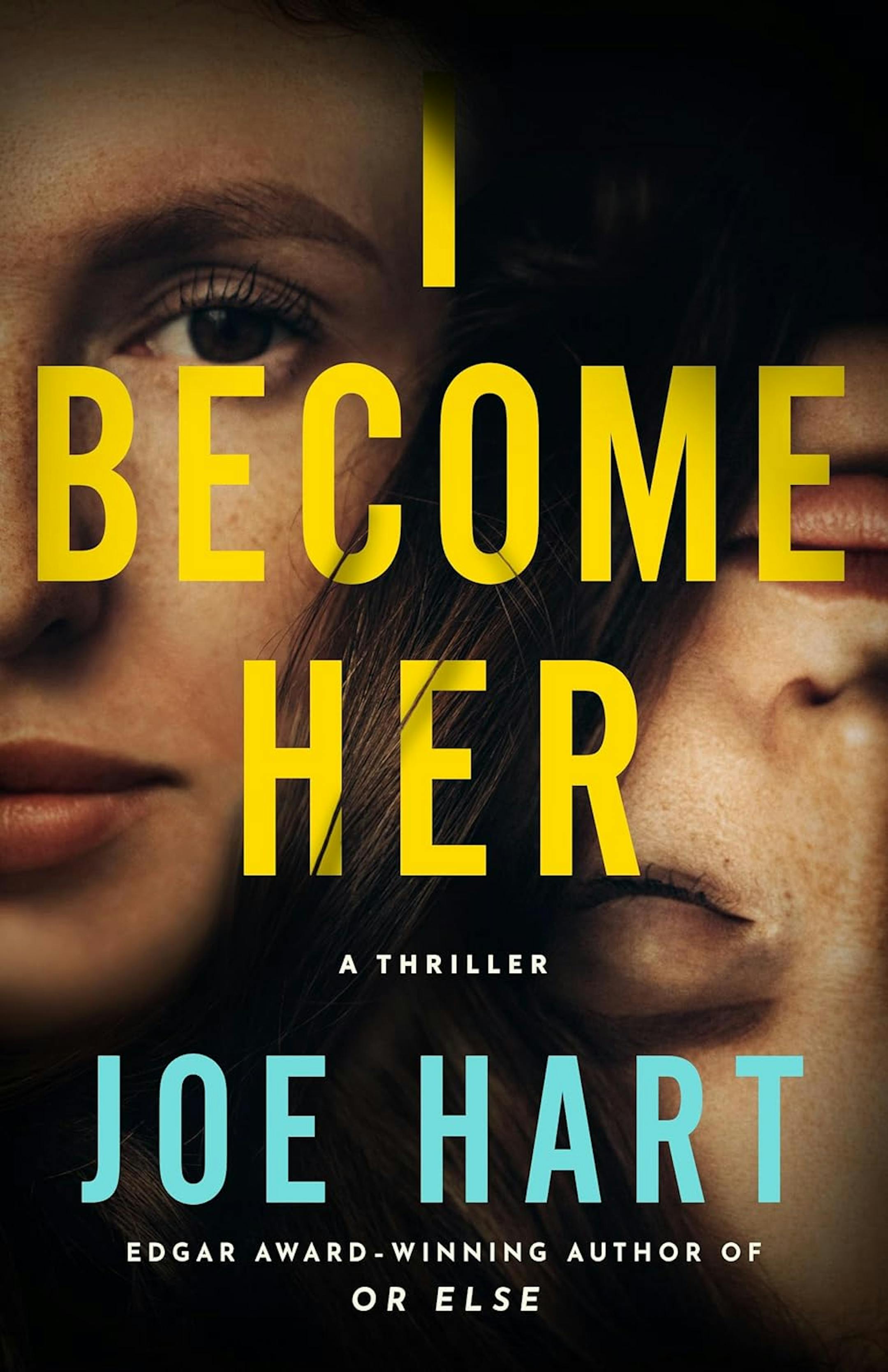 on a black background, cover of I Become Her features two women's faces, one of them upside-down