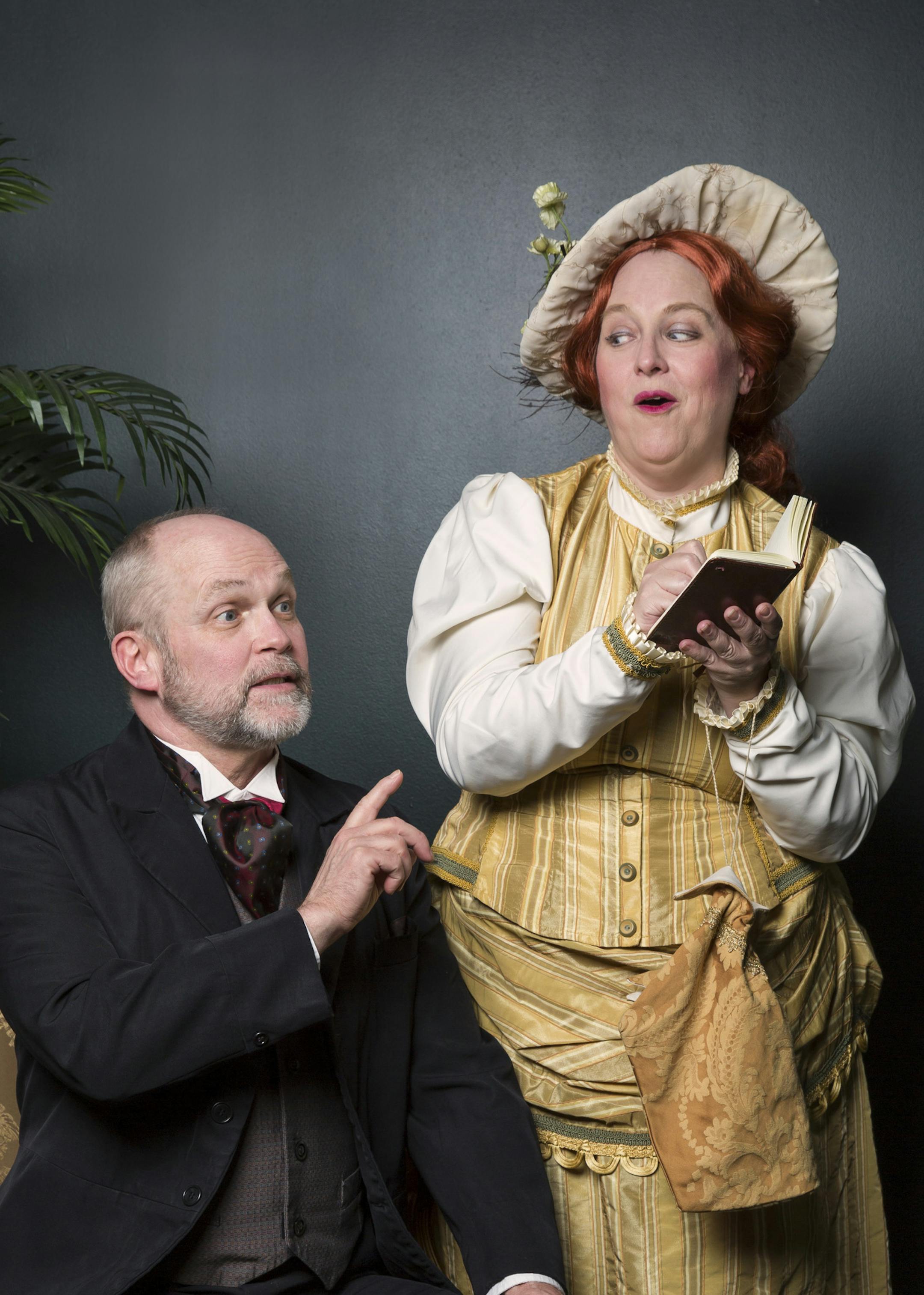 Alan Sorenson as Horace Vandergelder and Karen Wiese-Thompson as Dolly Levi in Girl Friday Productions presents The Matchmaker by Thorton Wilder
