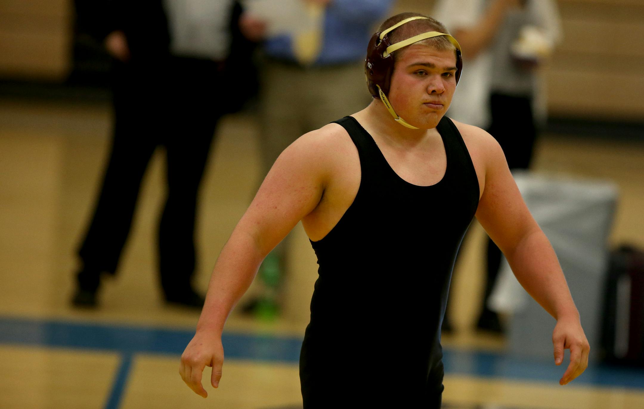 Edina's Sam Bienkowski after winning his match. ] (KYNDELL HARKNESS/STAR TRIBUNE) kyndell.harkness@startribune.com Triangle meet Wayzata vs Edina vs Eden Prairie in Plymouth Min., Thursday, January 8, 2014.