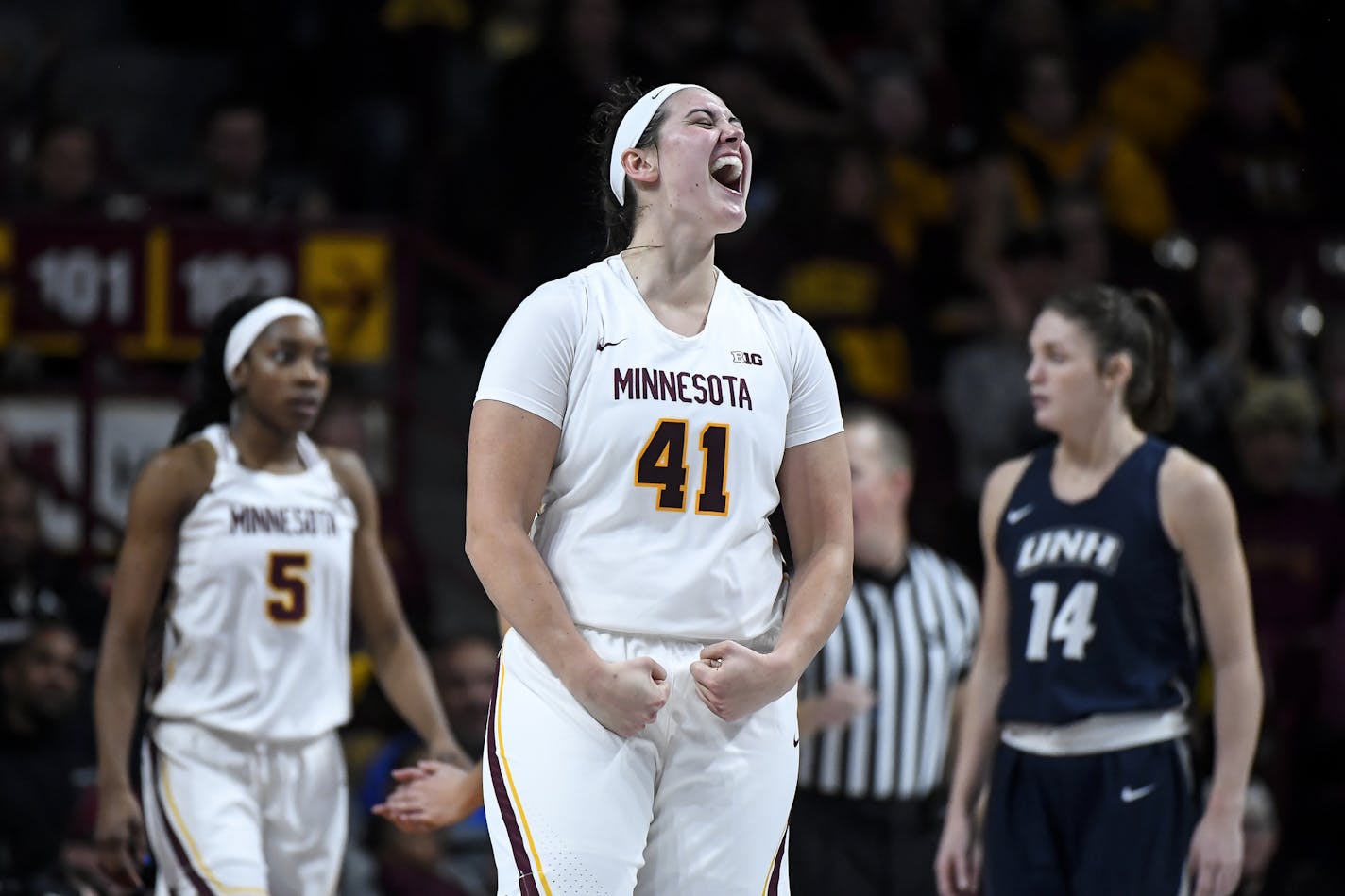 Minnesota Golden Gophers center Annalese Lamke (41) celebrated after forward Taiye Bello (5) scored a layup with an and-one opportunity in the fourth quarter against the New Hampshire Wildcats. ] Aaron Lavinsky &#x2022; aaron.lavinsky@startribune.com The University of Minnesota Golden Gophers played the New Hampshire Wildcats on Friday, Nov. 9, 2018 at Williams Arena in Minneapolis, Minn.