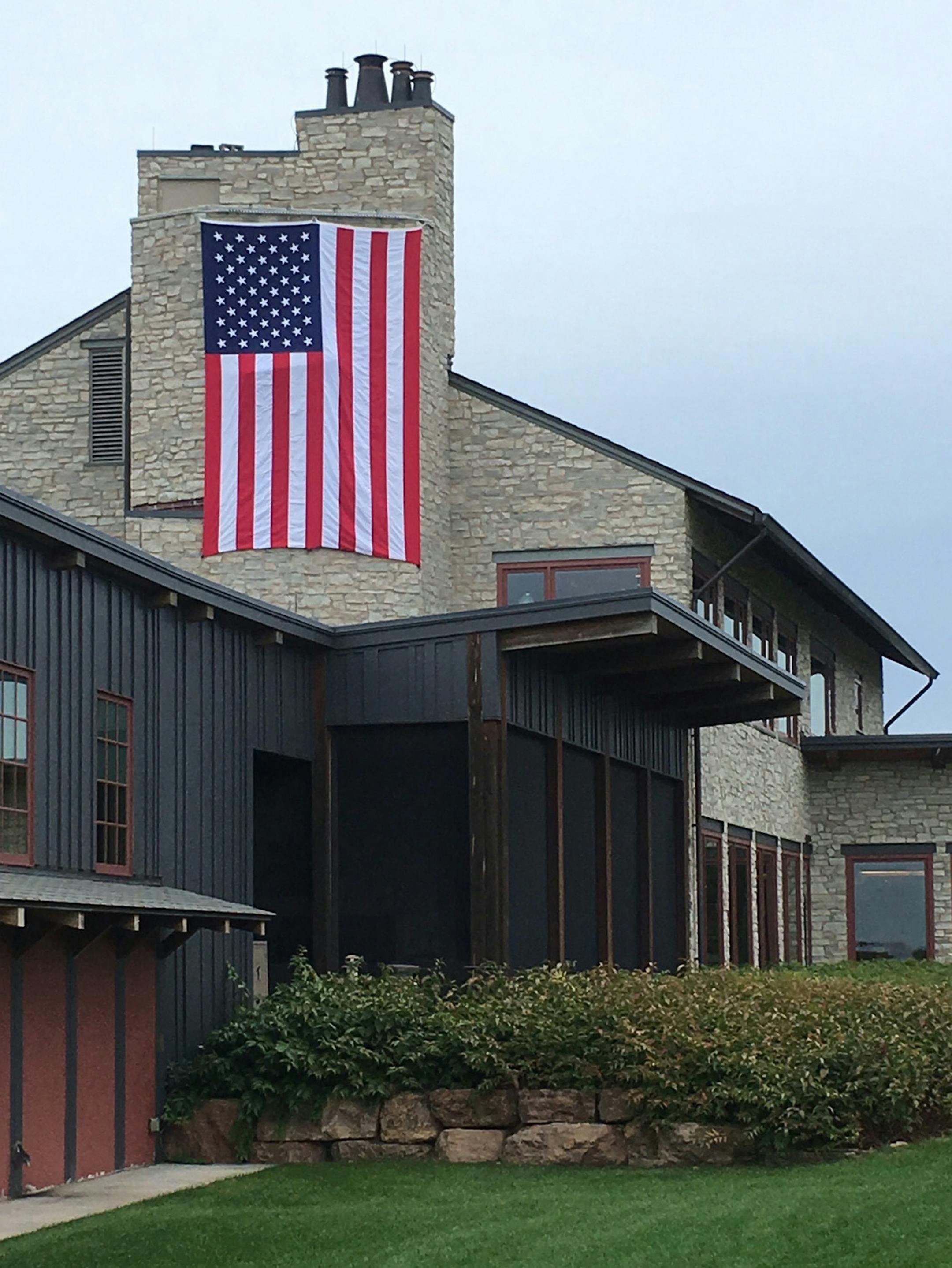 A large American flag unfurled down Hazeltine National Golf Clubís chimney when the U.S. team beat Europe there two years ago is displayed again this weekend, when the Ryder Cup is being contested in Paris. Jerry Zgoda, jerry.zgoda@startribune.com