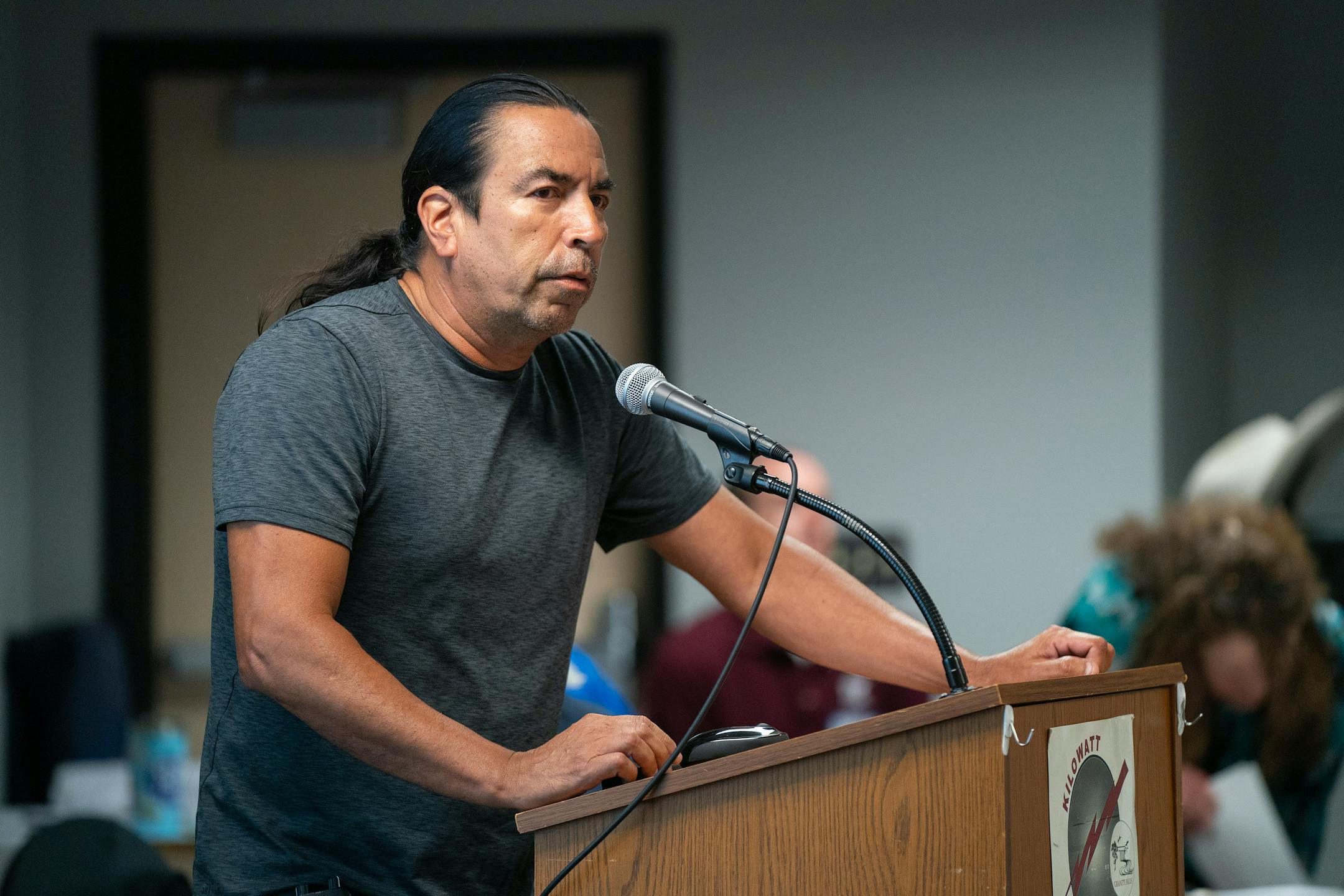 Upper Sioux Community Tribal Chairman Kevin Jensvold speaks during a DNR public engagement meeting at Kilowatt Community Center in Granite Falls.