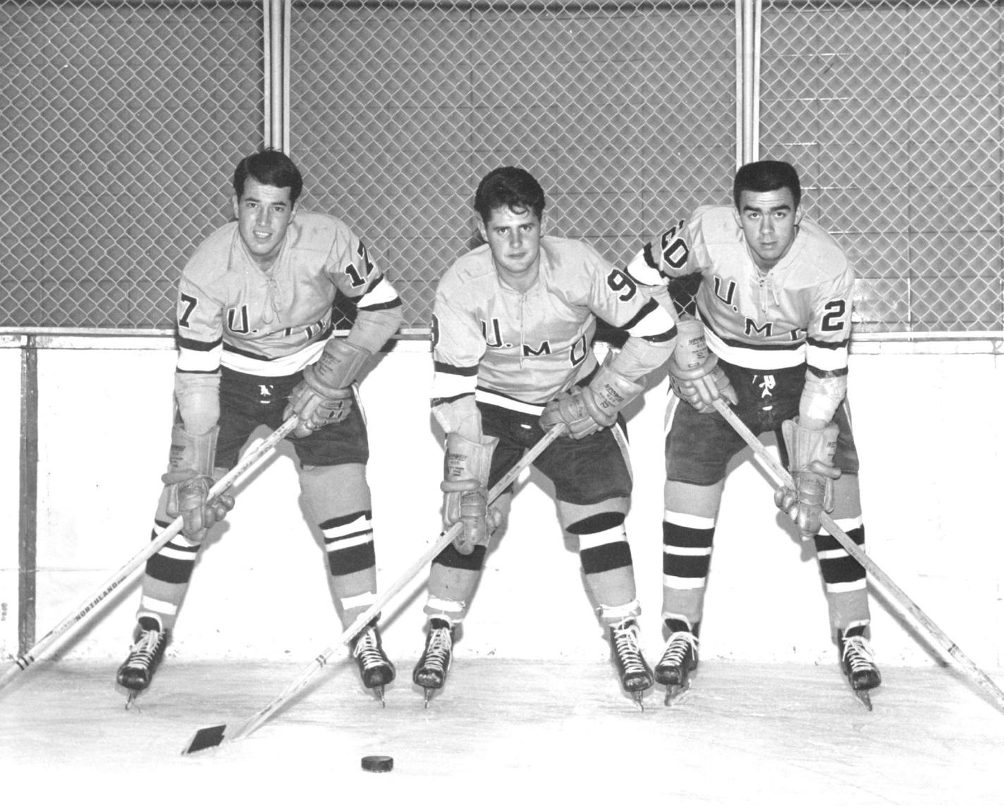 Huffer Christiansen (center) centered a high-scoring Minnesota Duluth line with winger Pat Francisco (left) and Bruce McLeod in the 1966-67 season.