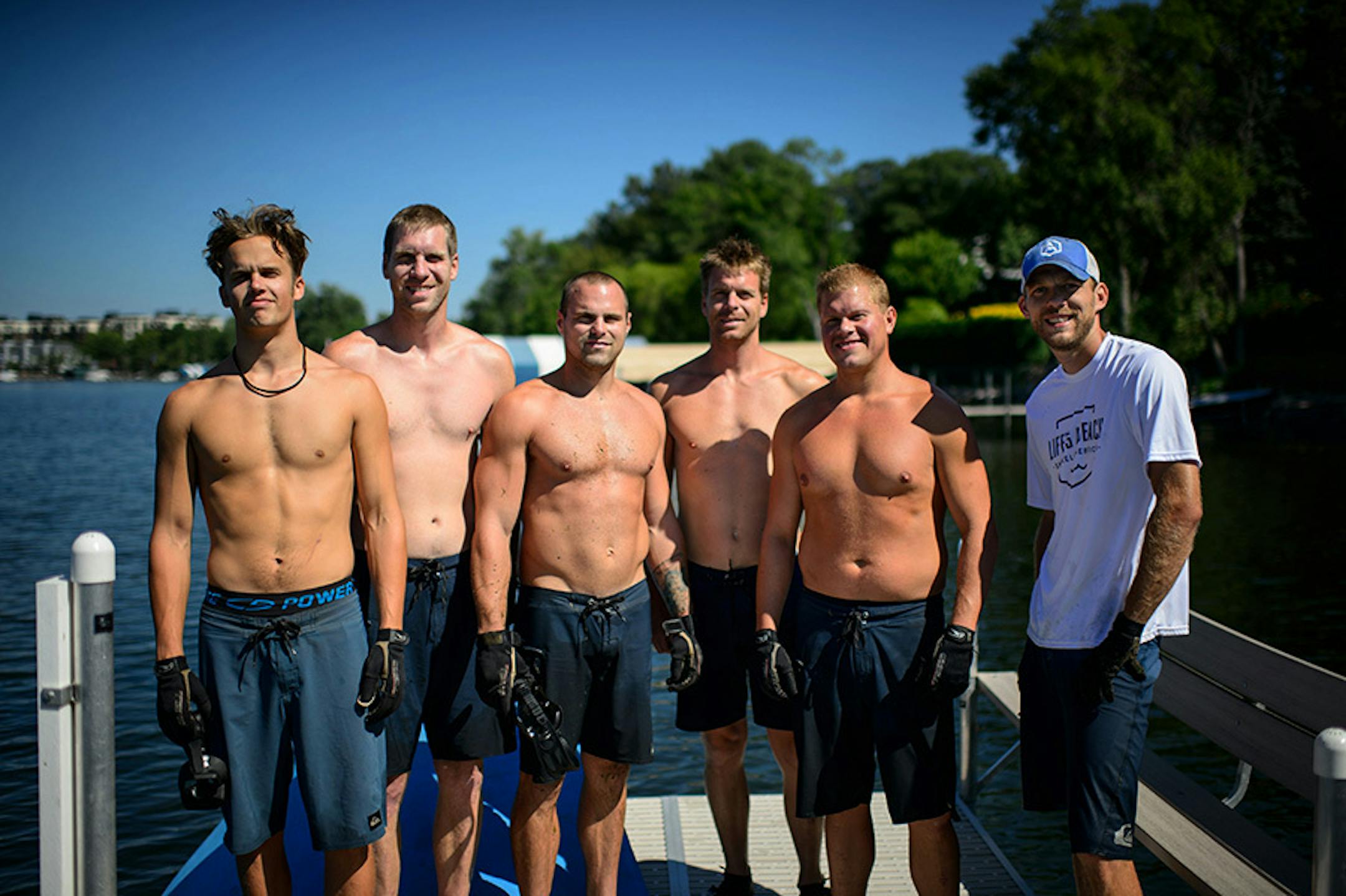 Life's A Beach Shoreline Services crew cleaned lake weeds including milfoil for a customer who lives on Lake Minnetonka. From left are, Micah Vandersteen, Josh Loyd, Josh Leddy, Nick Loyd, Jake Berg and Matt Olson.