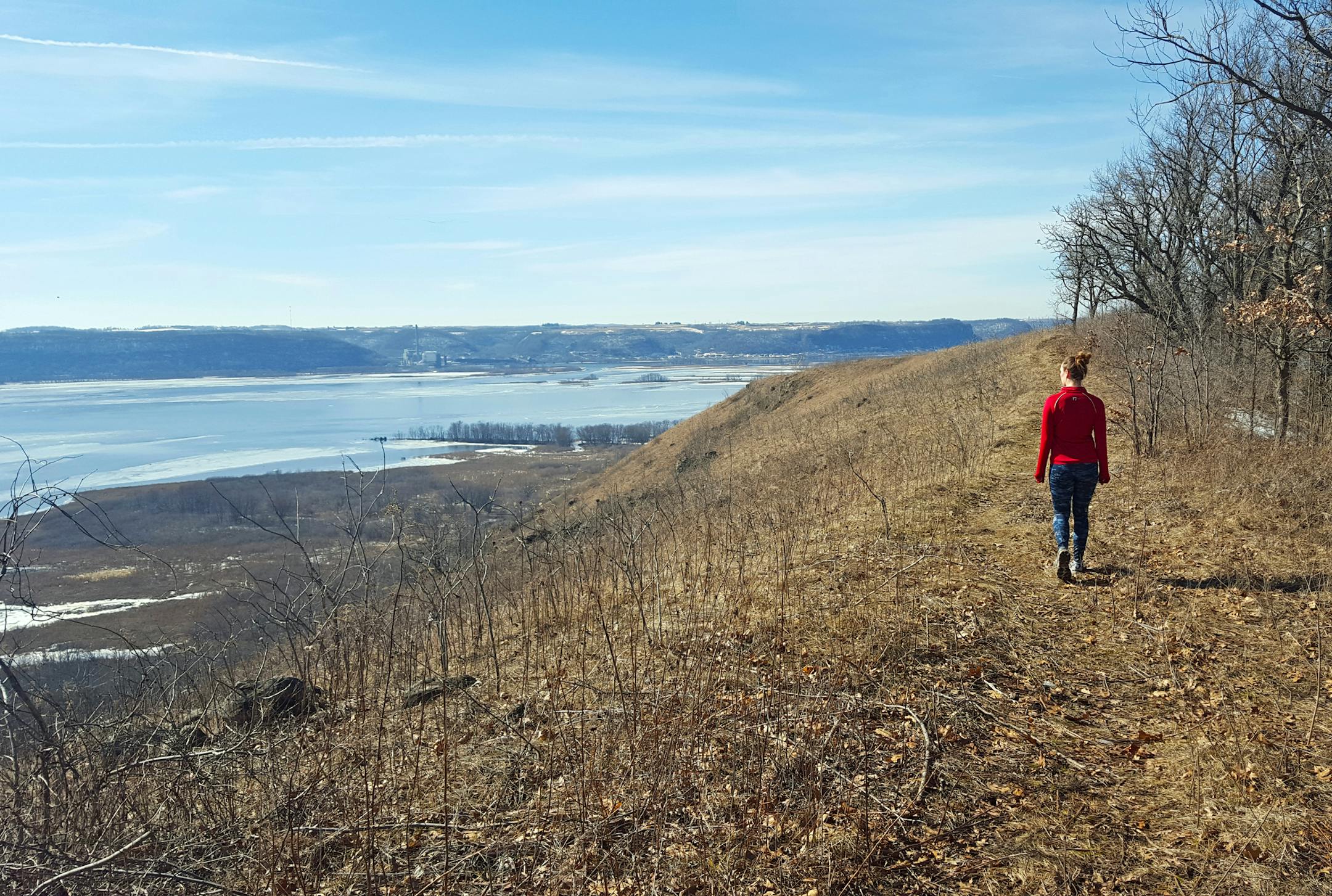 A trail at Rush Creek State Natural Area in De Soto, Wis., leads to the top of a bluff where views of the Mississippi River await.