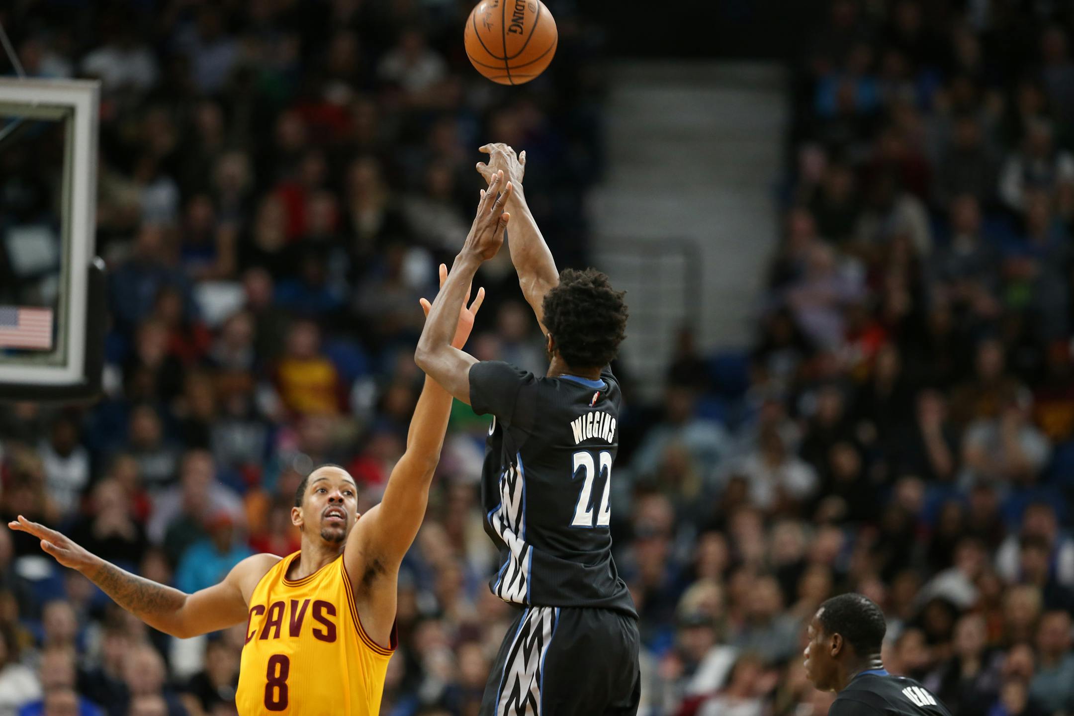 Minnesota Timberwolves forward Andrew Wiggins (22) shoots a 3-pointer over Cleveland Cavaliers forward Channing Frye (8) in the second half at Target Center February 14, 2017 in Minneapolis, MN.] The Cleveland Cavaliers beat the Minnesota Timberwolves 116-108 at Target Center JERRY HOLT � jerry.holt@startribune.com