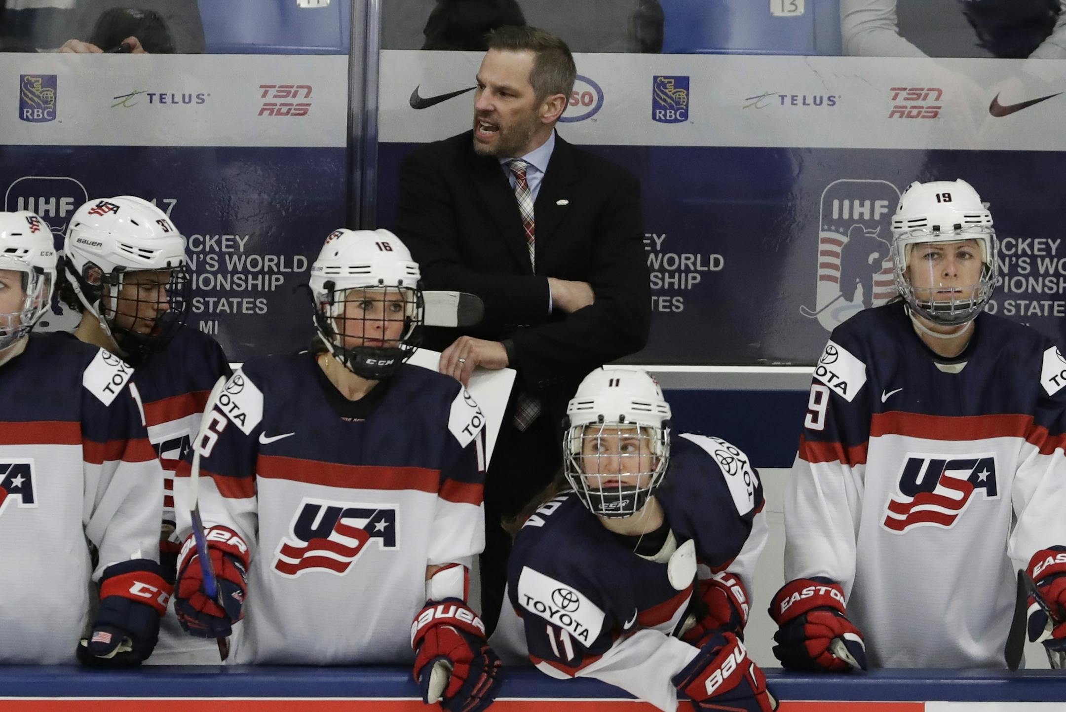 United States coach Robb Stauber was seen in the bench area during the third period of a IIHF Women's World Championship hockey tournament game against Finland on April 3.