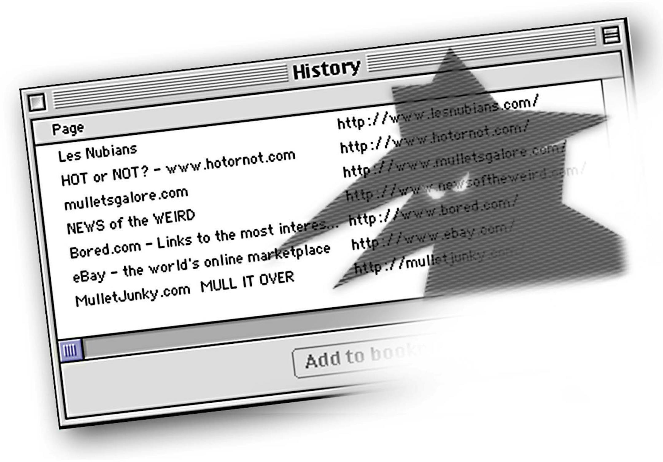 300 dpi 3 col x 4 in / 146x102 mm / 497x346 pixels Jason Whitley color illustration of a pop-up box showing a history of Internet Web pages visited with the shadow of a spy over it; represents Internet surfing on the job. The Sun News 2001