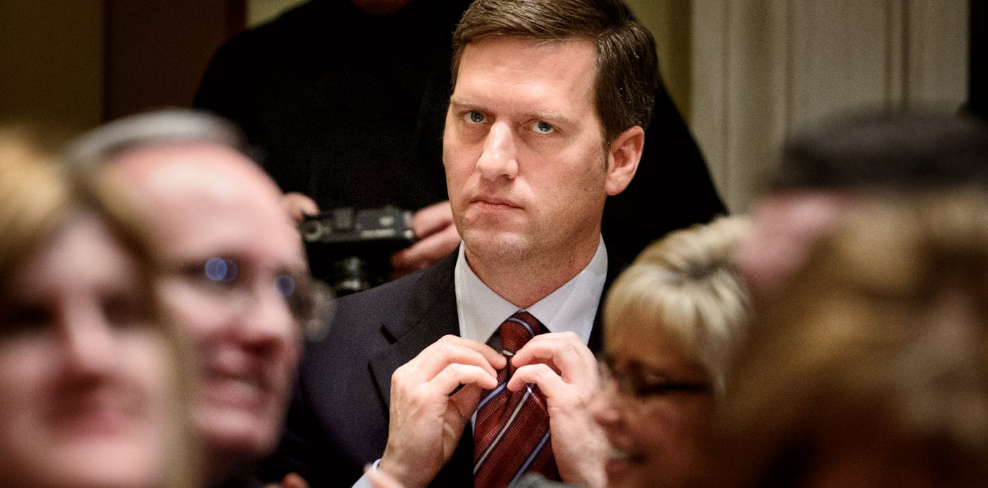 Rep. Kurt Daudt checked his tie as the vote was taken that would elect him House Speaker. ] GLEN STUBBE * gstubbe@startribune.com Tuesday, January 6, 2015 The Minnesota House and Senate re-convene, with much ceremony, family and guests. In the House, Speaker Kurt Daudt will take the gavel back for the GOP. ORG XMIT: MIN1501061425220042