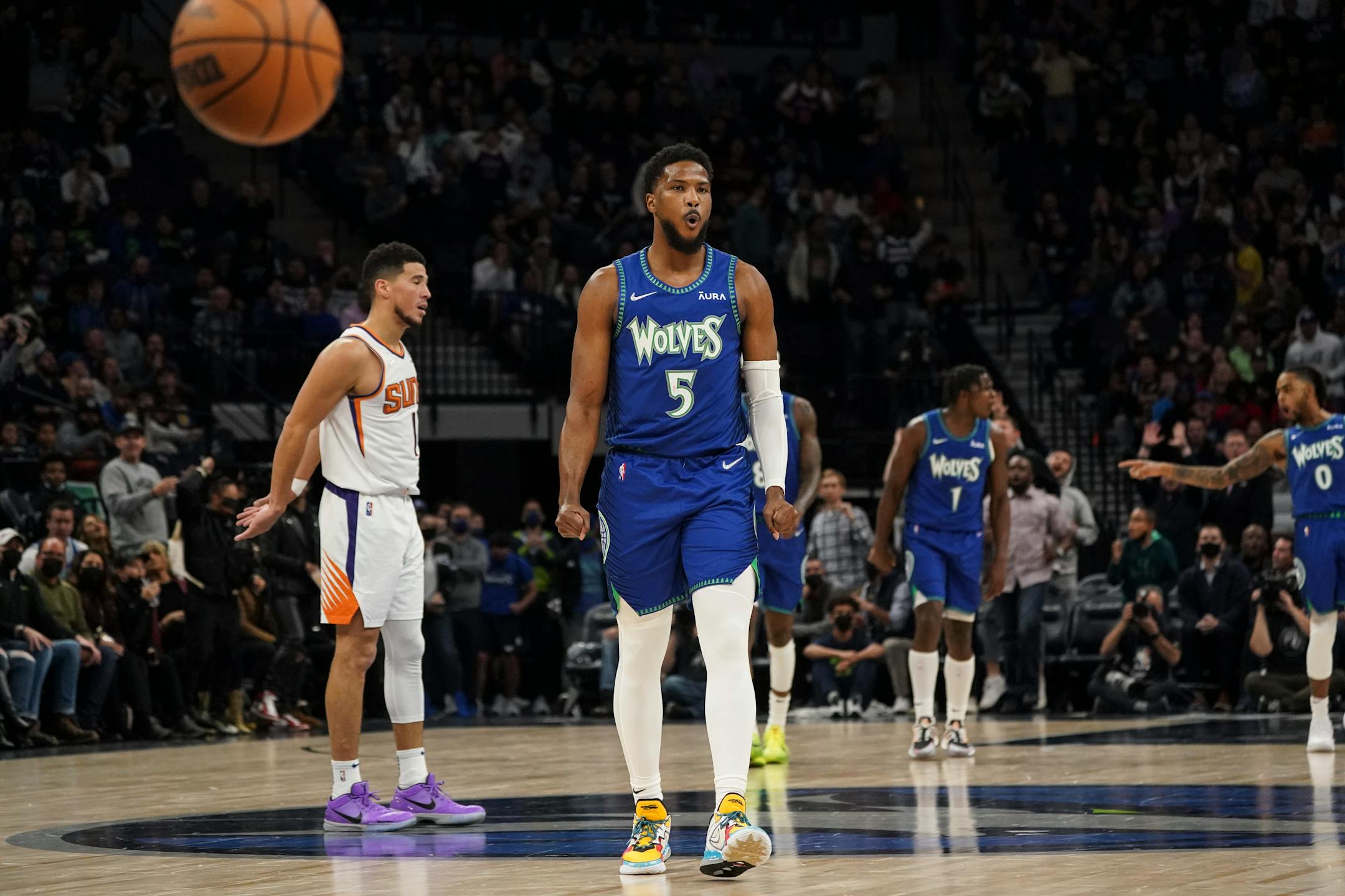 Minnesota Timberwolves guard Malik Beasley (5) reacts to making a three point shot in the third quarter.