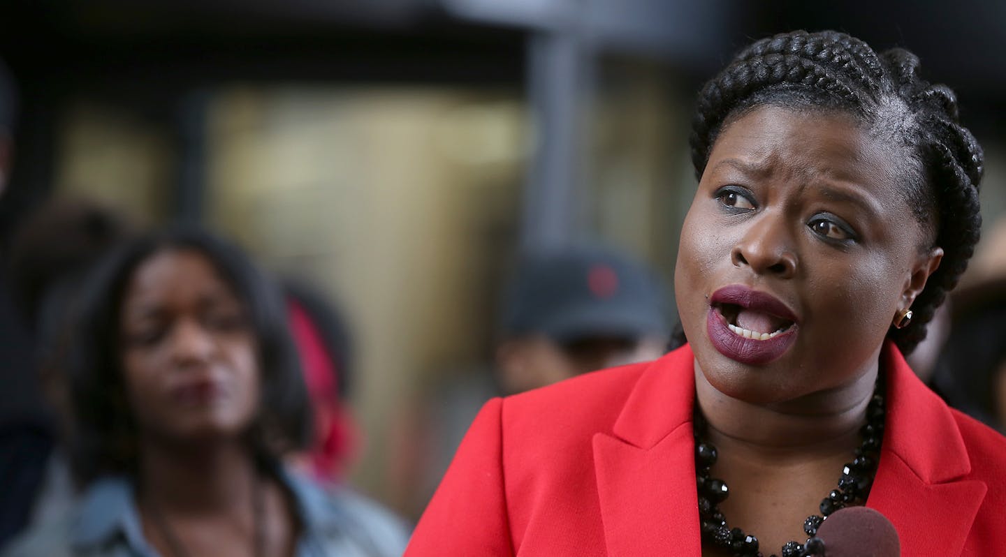 Nekima Levy-Pounds addressed the media during a press conference, Monday, April 4, 2016 at the Hennepin County Government Center in Minneapolis, MN. The Minneapolis NAACP held a press conference, including representatives of the Twin Cities Coalition for Justice for Jamar, Black Lives Matter Minneapolis, and Black Clergy United for Change to discuss recent developments in the Jamar Clark officer-involved shooting case. ] (ELIZABETH FLORES/STAR TRIBUNE) ELIZABETH FLORES &#x2022; eflores@startribu