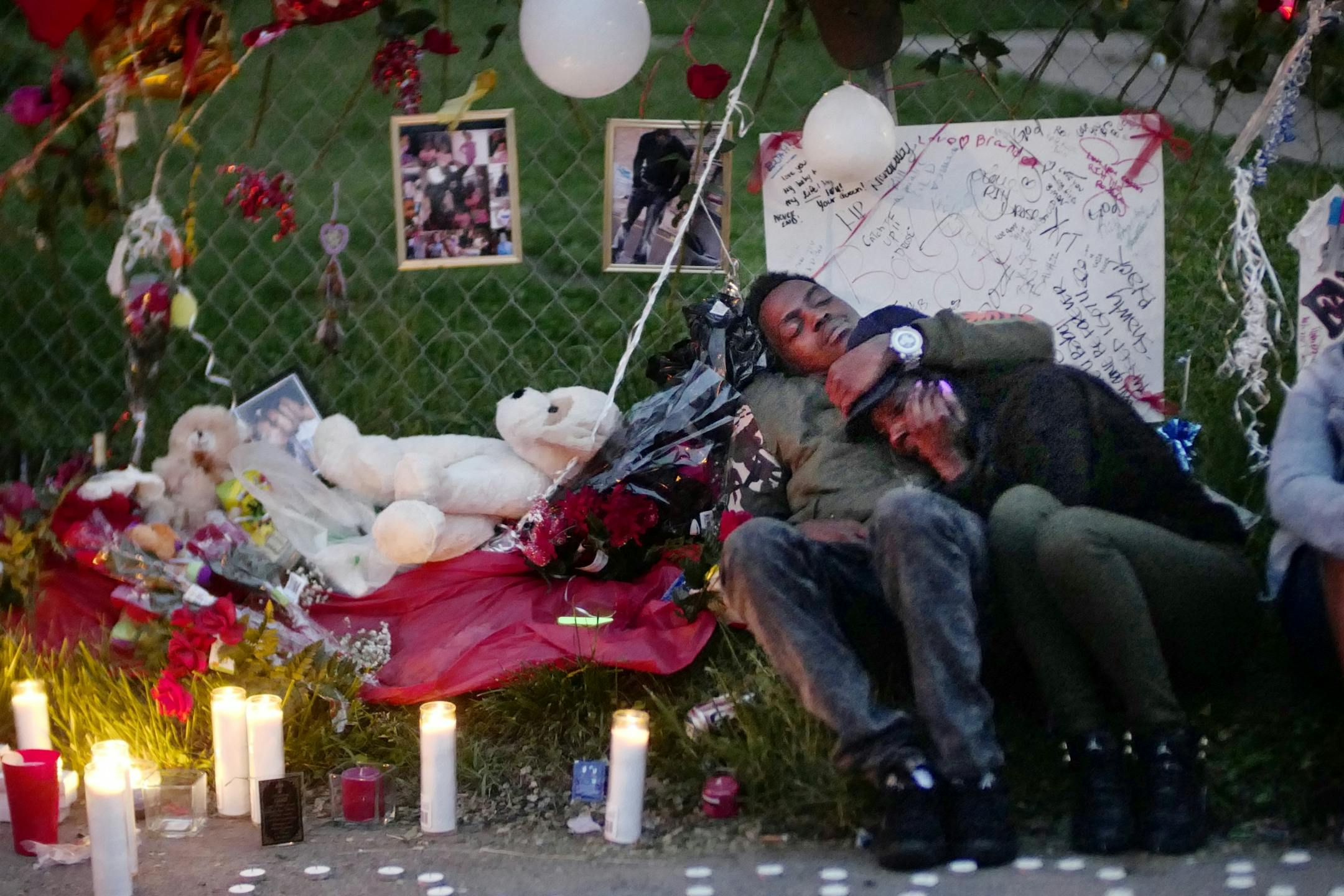 On 5/12/16, an impromptu memorial of balloons and flowers on a service road off Olson Memorial Highway near the spot where Derrick Rodgers fell, to mourn the loss of the 25-year-old Minneapolis man who was gunned down earlier this month.
