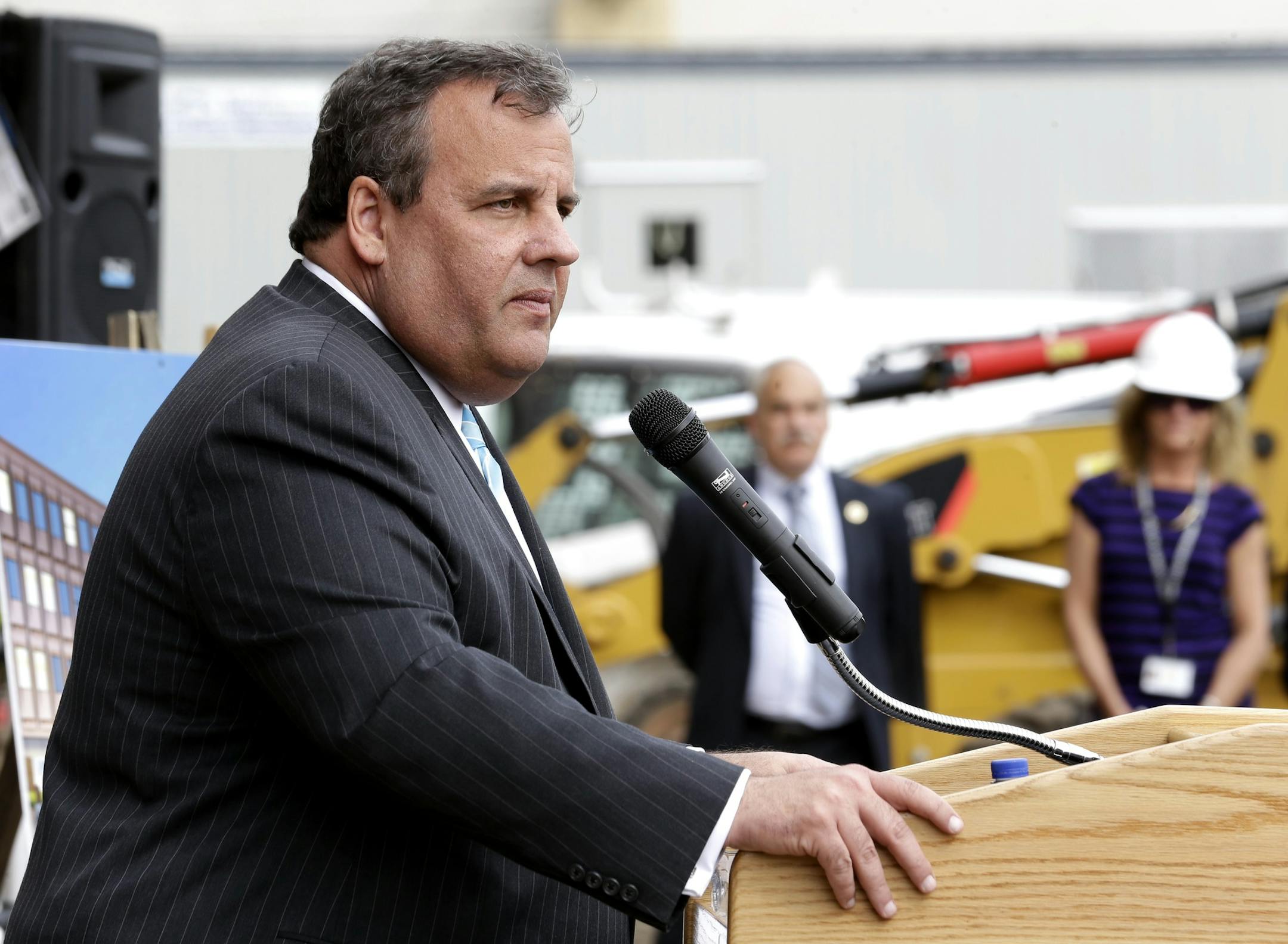 New Jersey Gov. Chris Christie addresses the media during the groundbreaking ceremony for TEAL Center at Essex County Newark Tech, Tuesday, May 7, 2013, in Newark, N.J. Reports say Christie secretly underwent a weight-loss surgery in February, when a band was placed around his stomach to restrict the amount of food he can eat. (AP Photo/Julio Cortez)