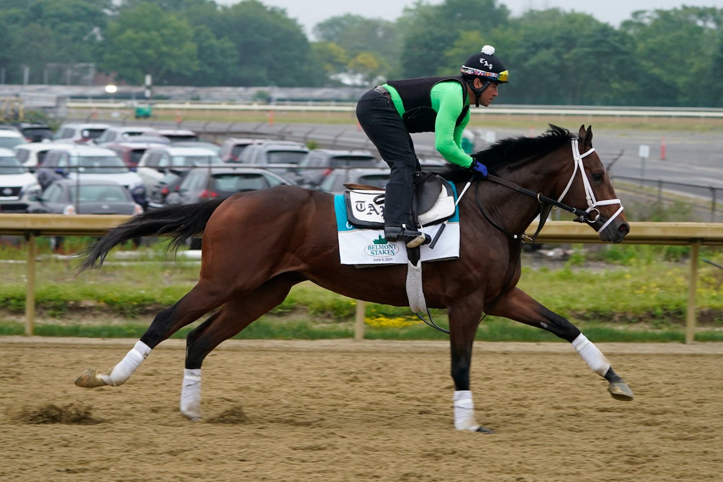 Overtook trains ahead of the 153rd running of the Belmont Stakes horse race in Elmont, N.Y., Thursday, June 3, 2021. (AP Photo/Seth Wenig)