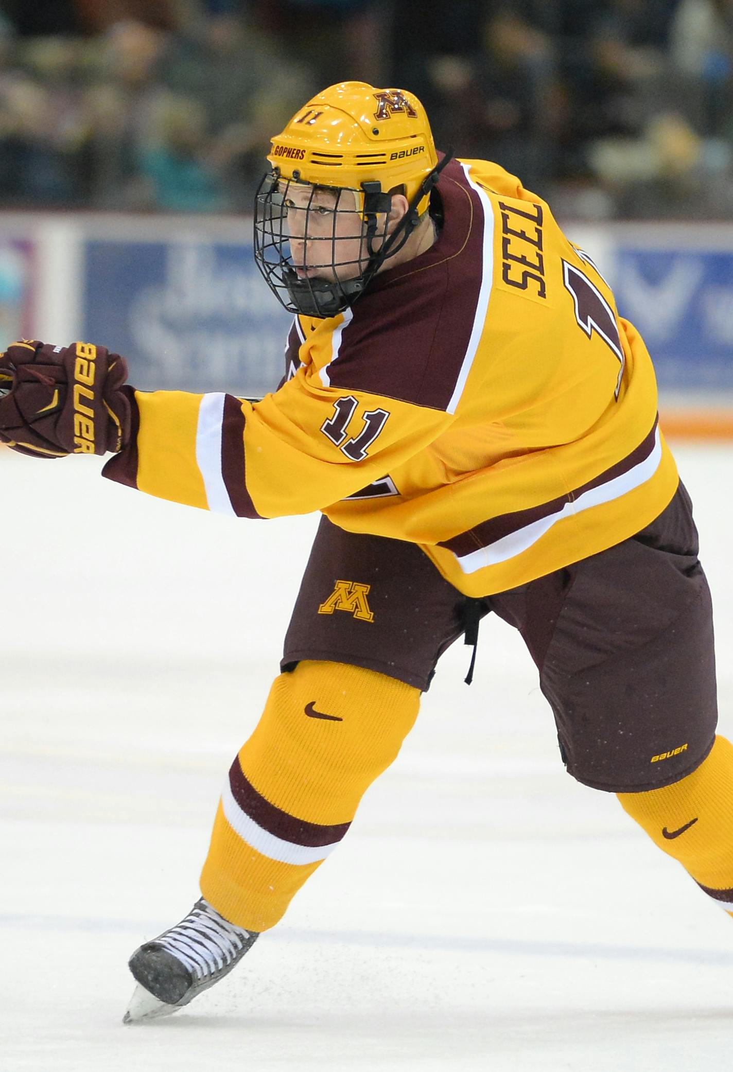 Minnesota Golden Gophers defenseman Nick Seeler (11) took a shot against the Michigan State Spartans in the second period. ] (AARON LAVINSKY/STAR TRIBUNE) aaron.lavinsky@startribune.com The University of Minnesota Golden Gophers mens' hockey team played the Michigan State University Spartans on Saturday, Jan. 16, 2016 at Mariucci Arena in Minneapolis, Minn.