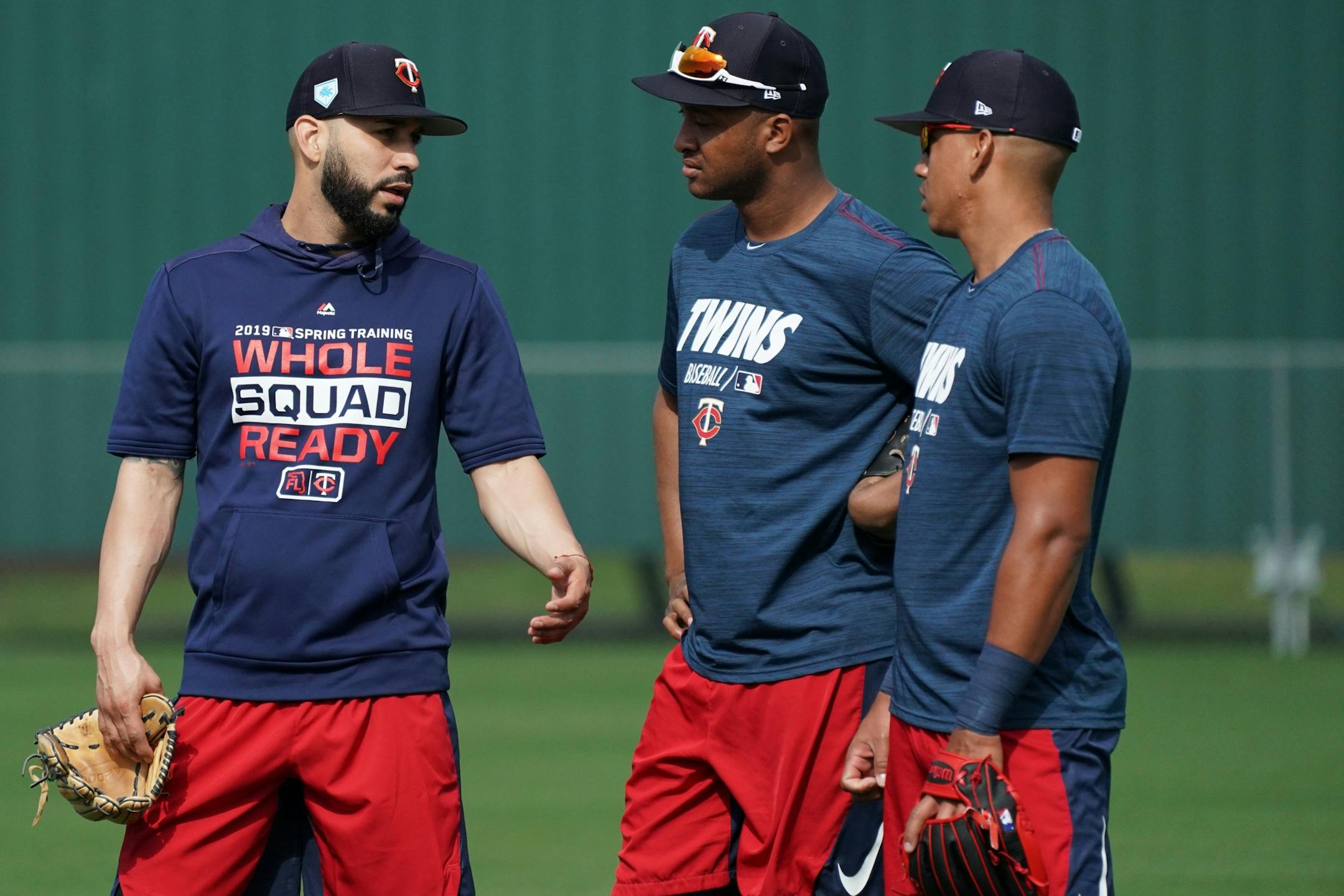 Newly acquired Minnesota Twins utility player Marwin Gonzalez (9) joined his teammates on the practice field for workouts Monday morning.
