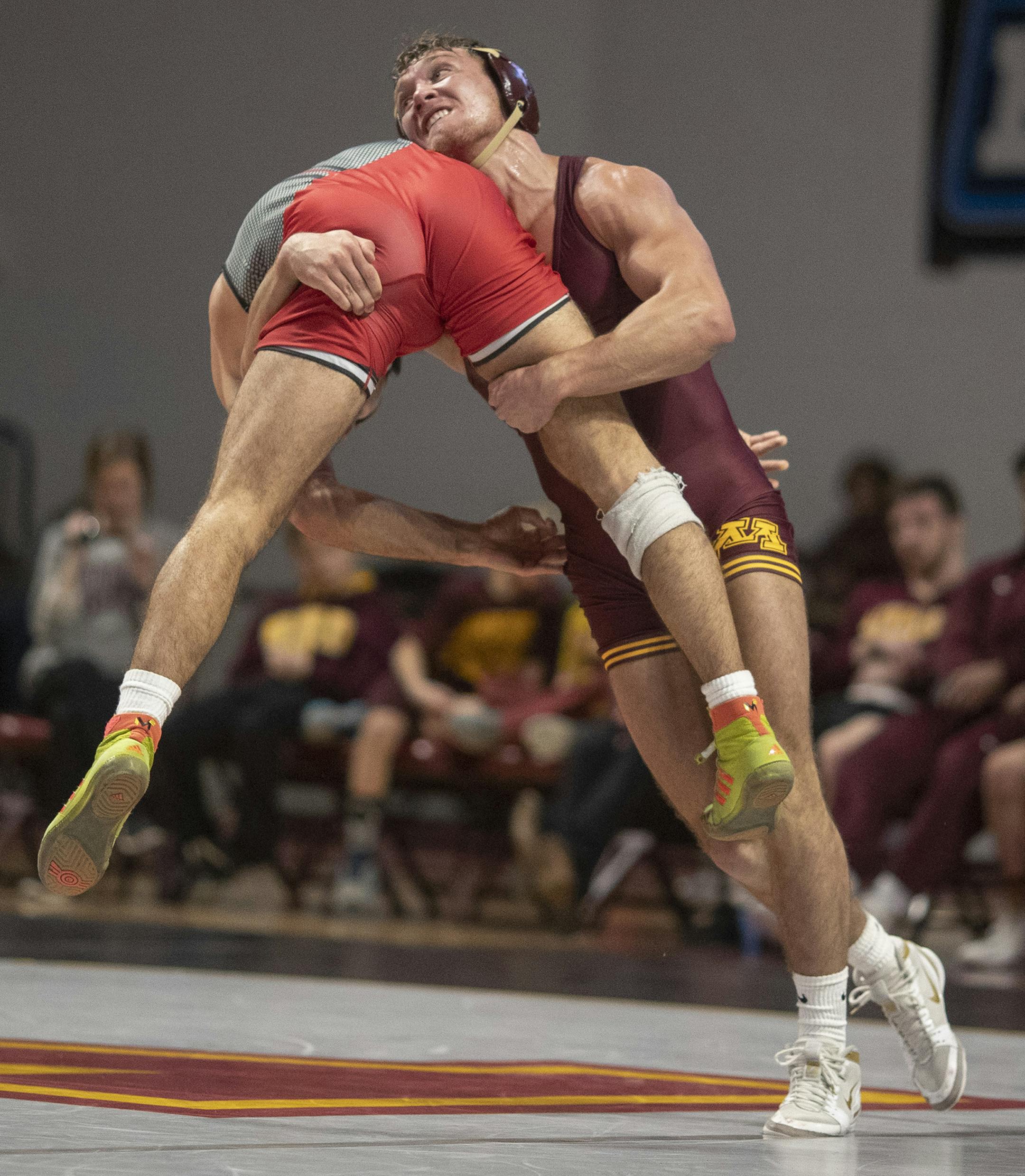 Minnesota Devin Skatzka scored two points on a take down over Joe Grello of Rutgers at Maturi Pavilion Sunday January 6, 2019 in Minneapolis,MN.] The University of Minnesota hosted Rutgers in Big Ten wrestling action at Maturi Pavilion. Jerry Holt &#x2022; Jerry.holt@startribune.com