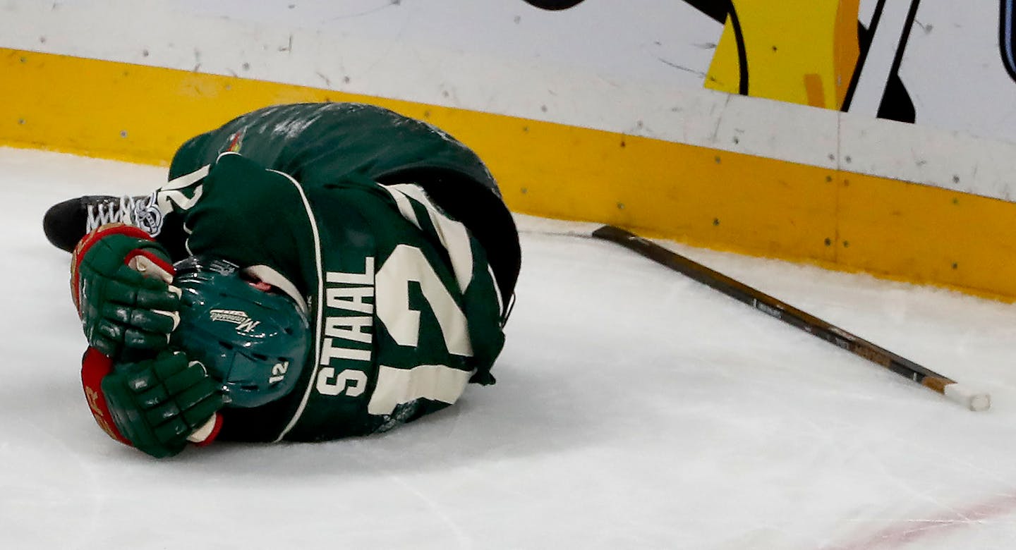 Wild center Eric Staal was injured after he crashed into the boards in the second period. Staal had to be helped off the ice after the play. ] CARLOS GONZALEZ � cgonzalez@startribune.com - April 22, 2017, St. Paul, MN, Xcel Energy Center, NHL, Stanley Cup Playoffs, Game 5, Minnesota Wild vs. St. Louis Blues