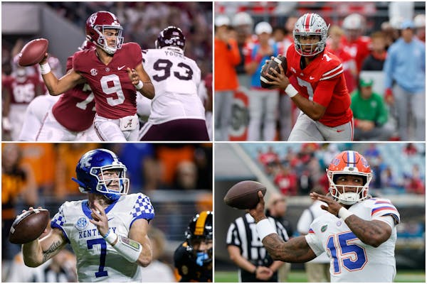 Clockwise from left, Bryce Young, C.J. Stroud, Anthony Richardson and Will Levis are excepted to go early in the first round of the NFL draft, but in 