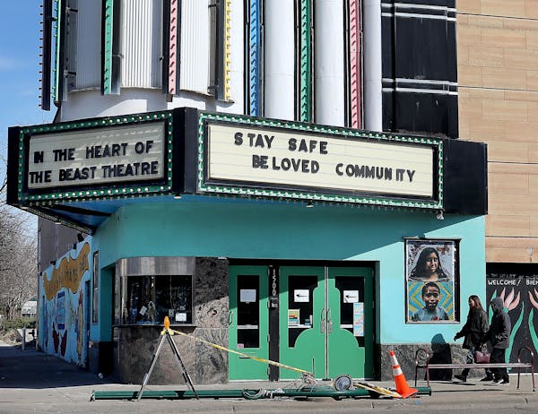 A sign on the marquee of In the Heart of the Beast Puppet and Mask Theatre offers hope during the COVID-19 outbreak Wednesday, April 1, 2020, in Minne