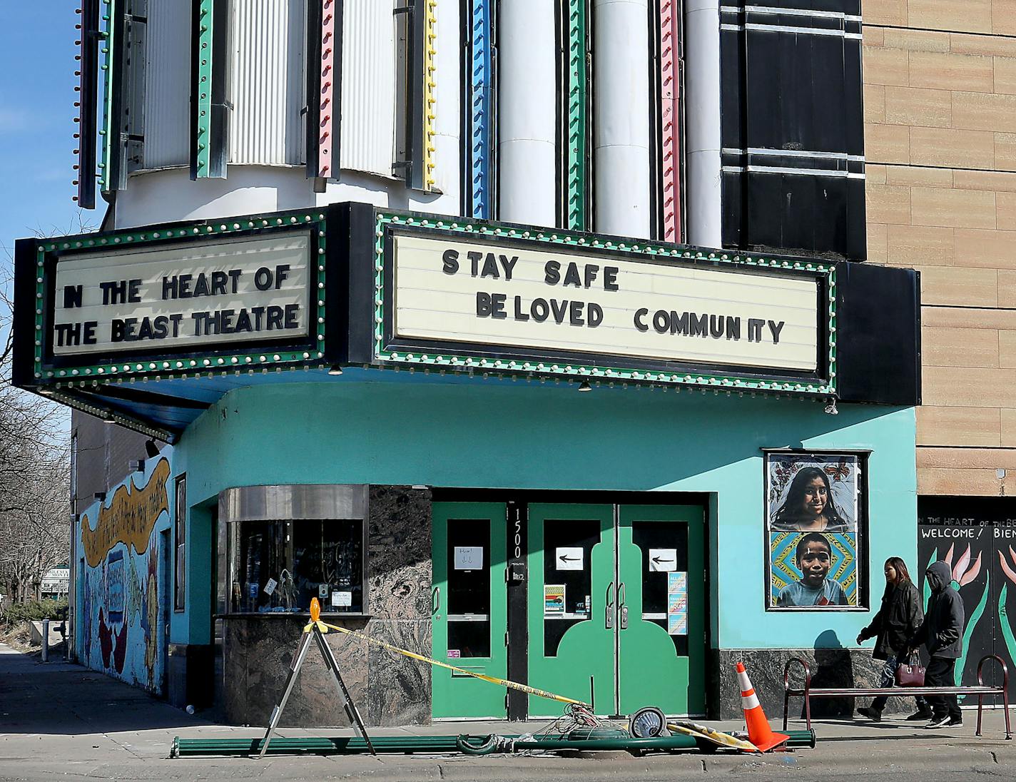 A sign on the marquee of In the Heart of the Beast Puppet and Mask Theatre offers hope during the COVID-19 outbreak Wednesday, April 1, 2020, in Minneapolis, MN.]