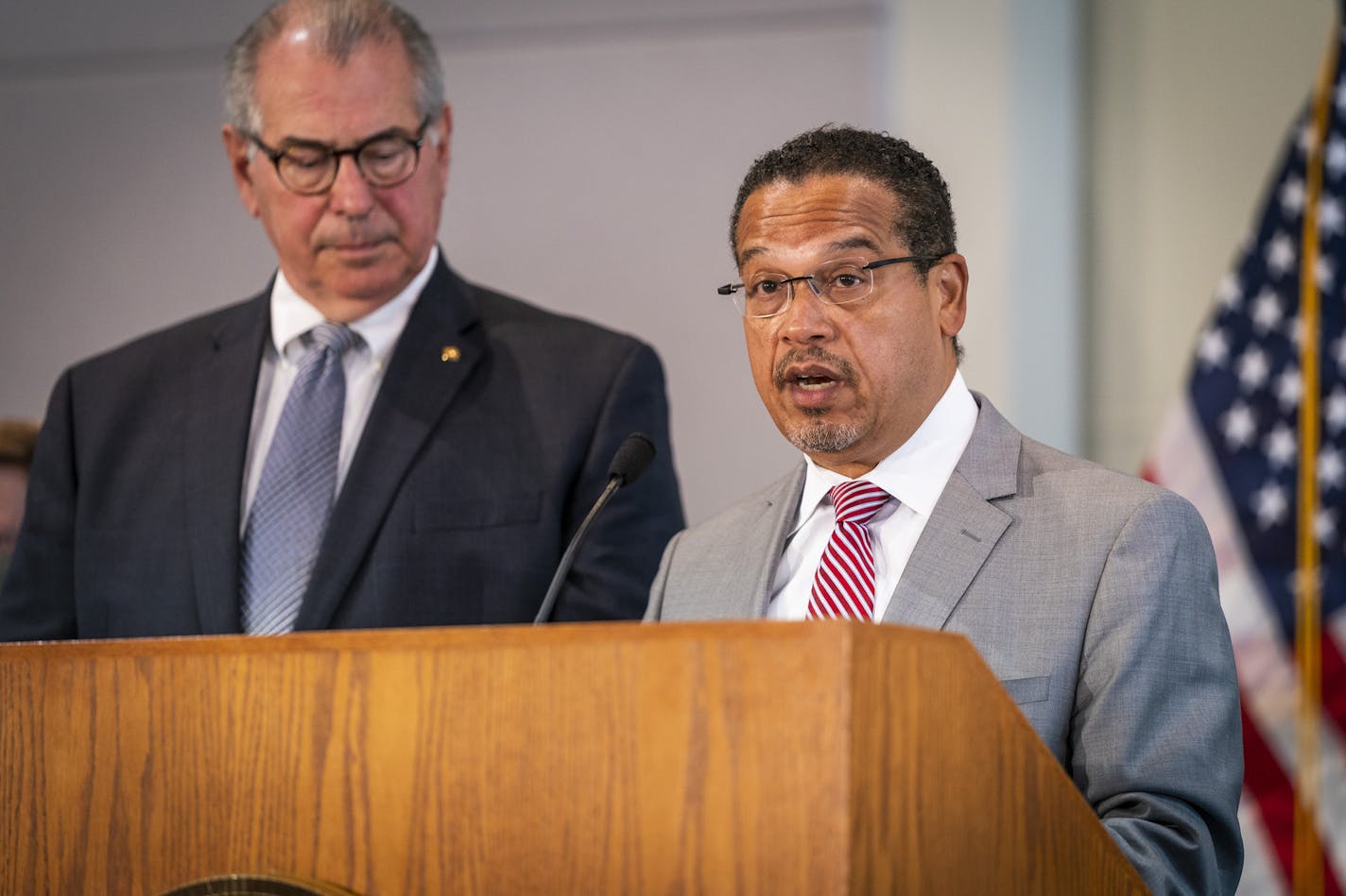 Attorney General Keith Ellison spoke during a June 3 press conference, accompanied by Hennepin County Attorney Mike Freeman, at the Minnesota Department of Revenue.