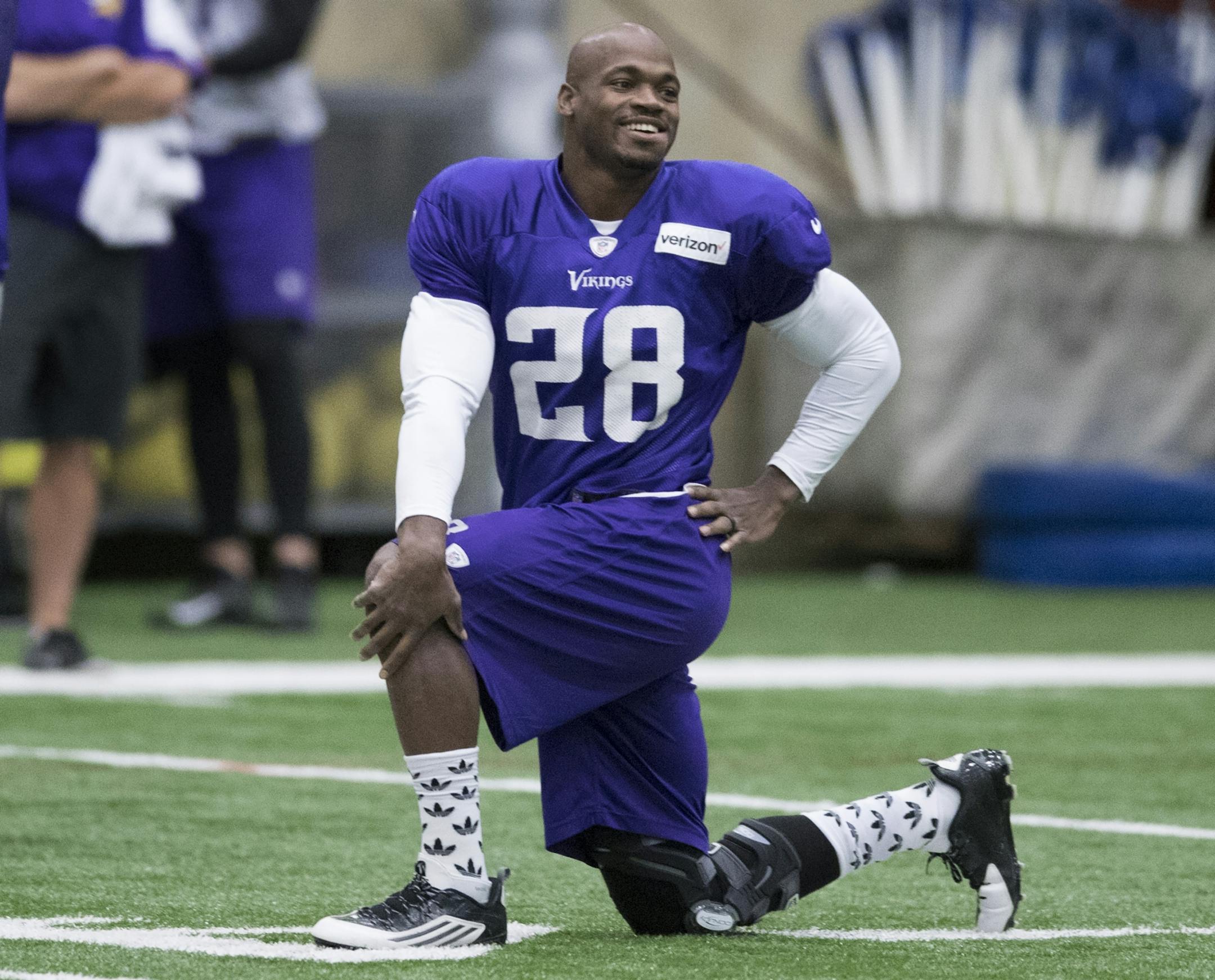 Minnesota Vikings running back Adrian Peterson (28) is back on the practice field at Winter Park Wednesday December 14,2016 in Eden Prairie, MN.