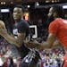 Minnesota Timberwolves' Andrew Wiggins, left, is pressured by Houston Rockets' James Harden in the first half of an NBA basketball game Monday, Feb. 2